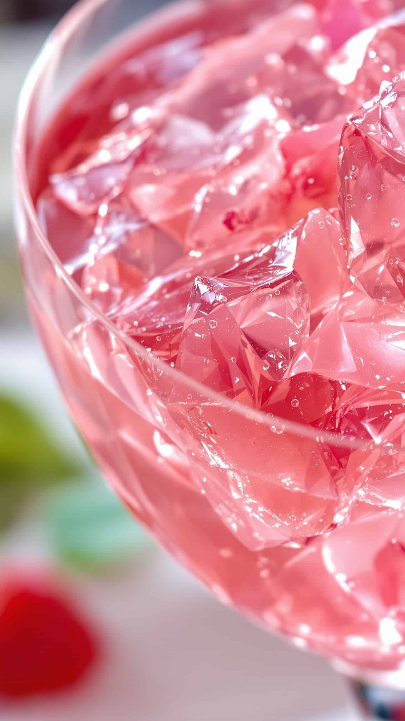 Close-up of jiggly rose-pink gelatin, 5 second gelatin trick