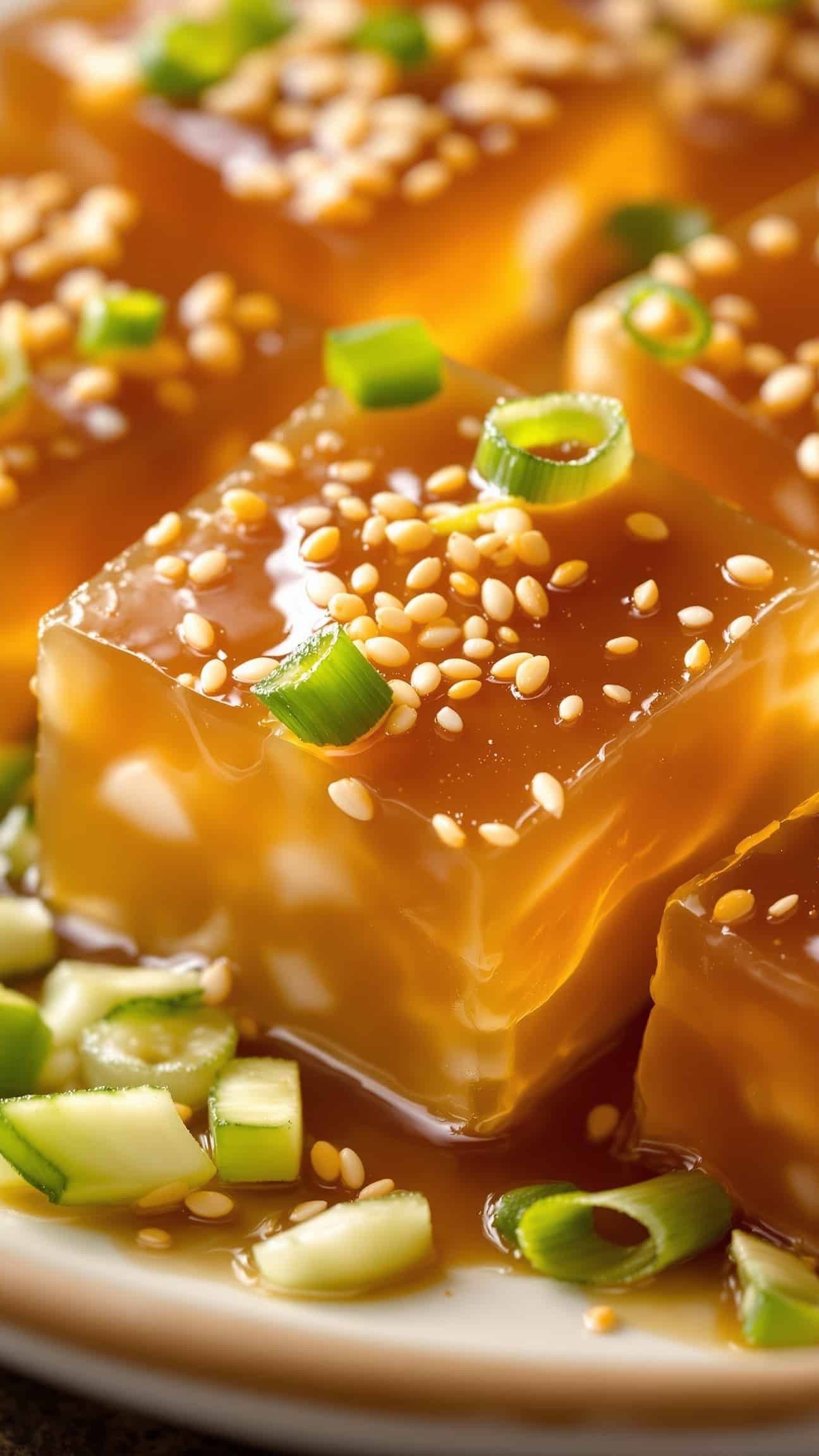 Close-up of brun-transparent acorn jelly Korean weight loss recipe with sesame dressing.
