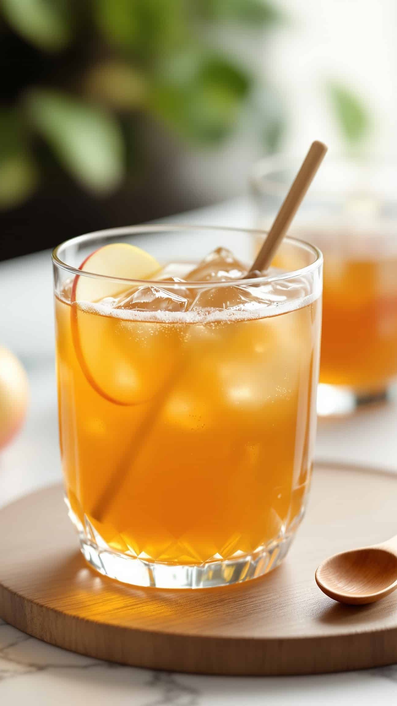 Close-up of ambre-doré ACV apple juice drink.