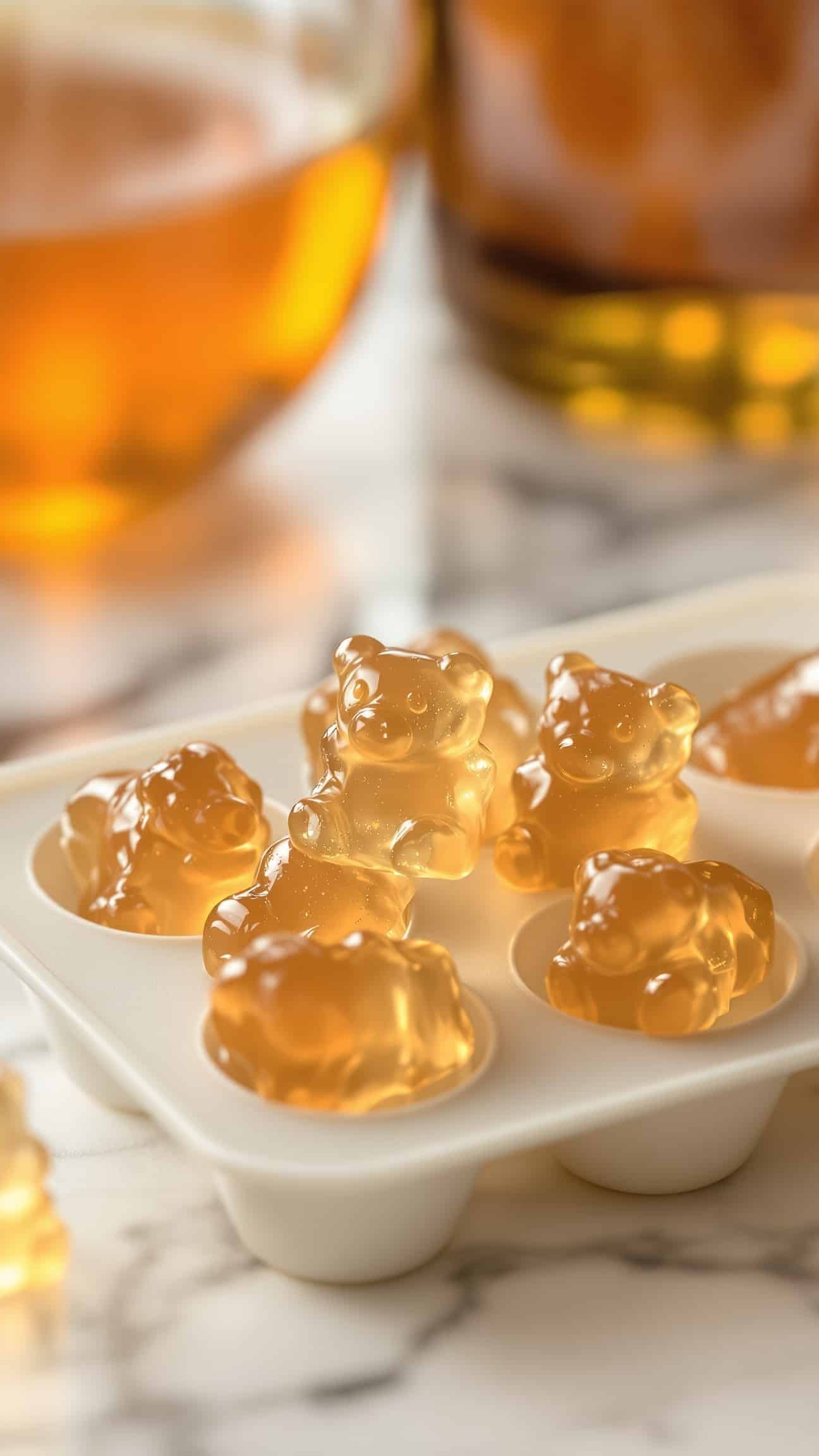 Close-up of jiggly doré-ambre ACV gelatin gummies for weight loss.