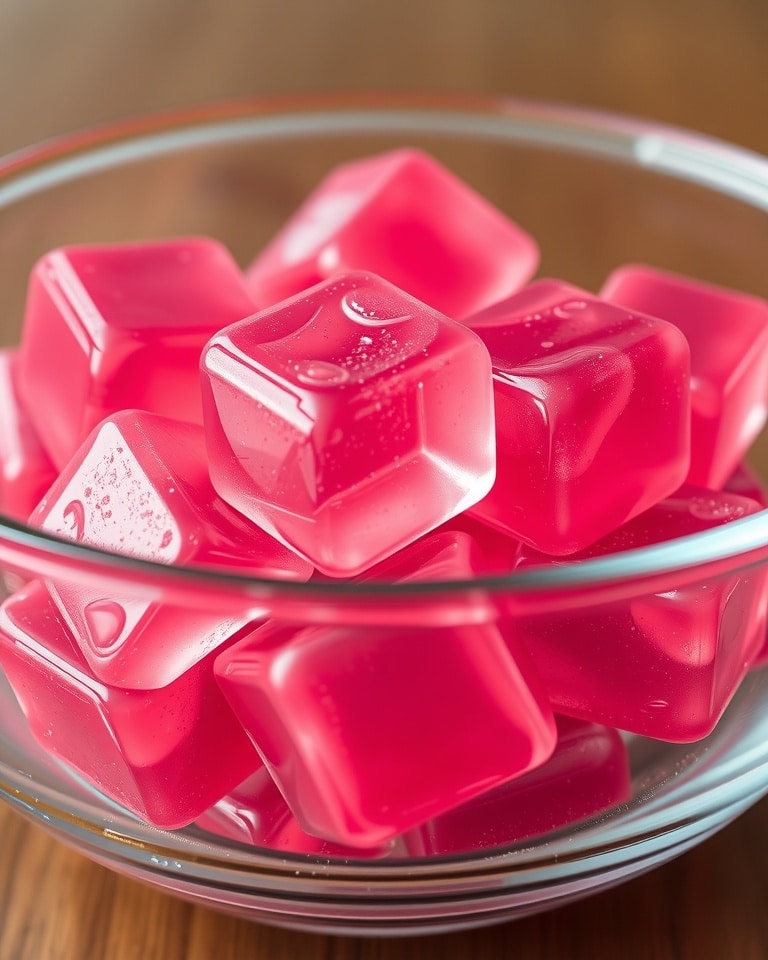 Close-up of rose transparent jiggly ACV gelatin cubes.
