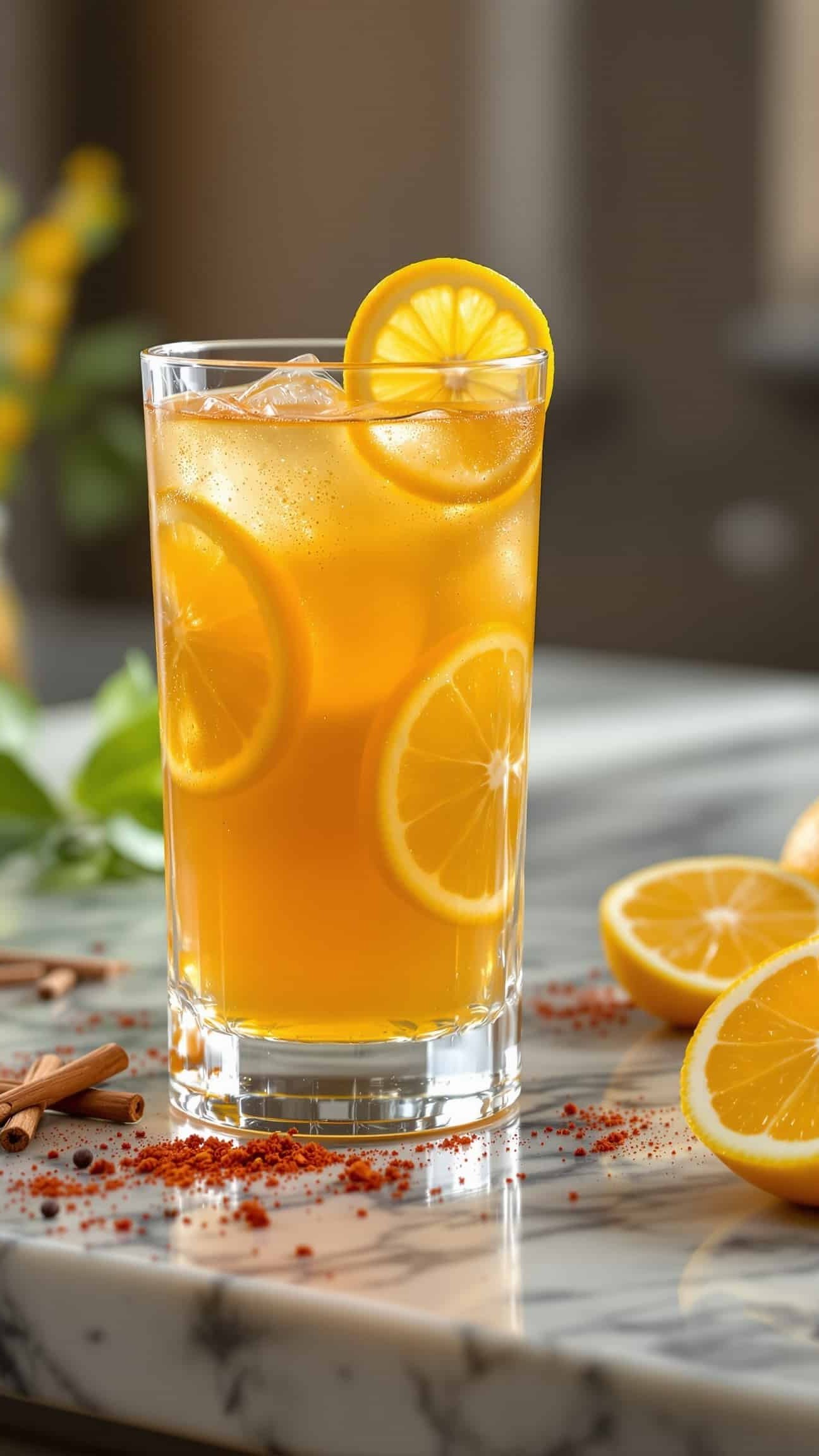 Close-up of ambre-orange ACV metabolism booster with lemon.