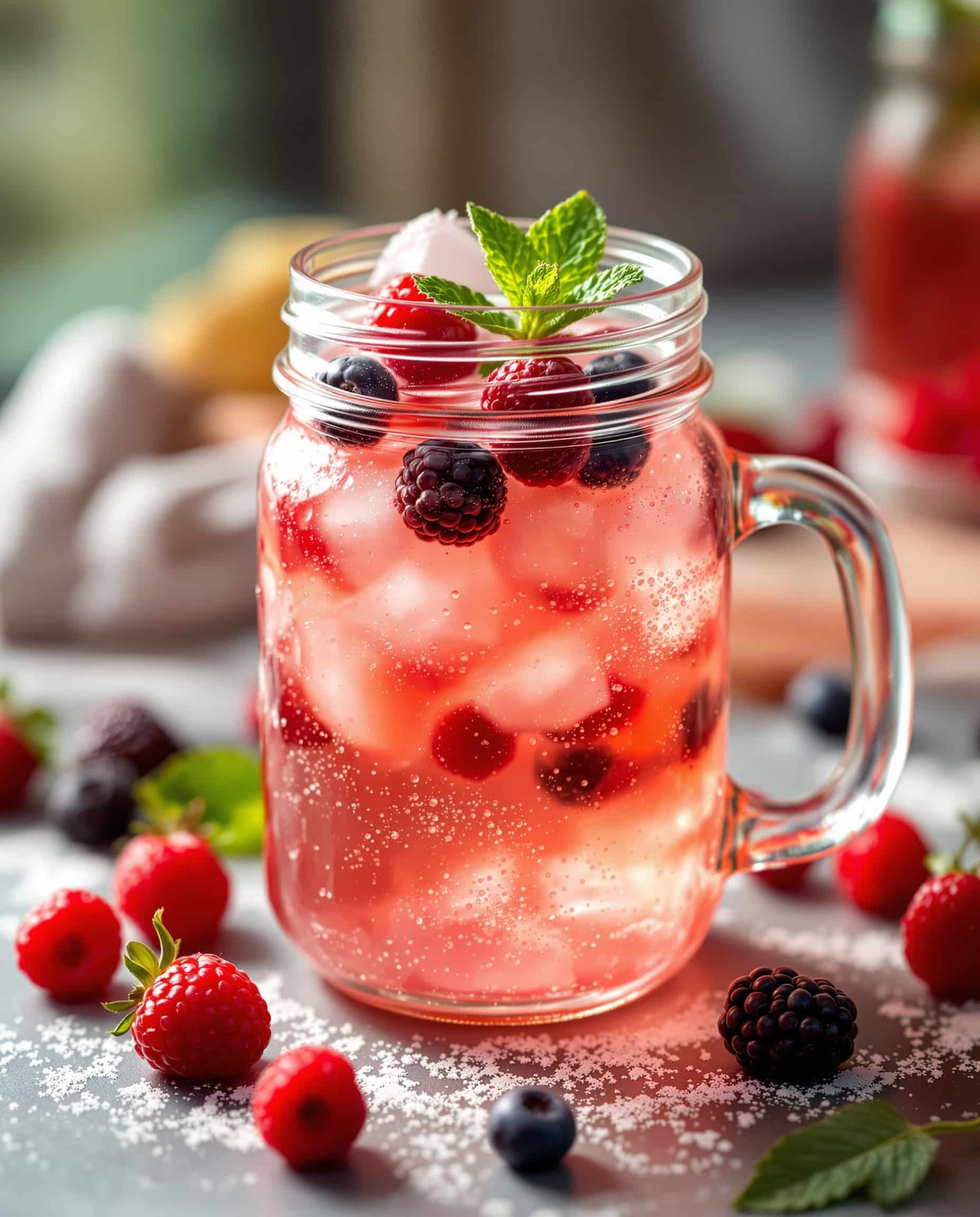 Close-up of rouge-rose ACV shrub mocktail for weight loss.