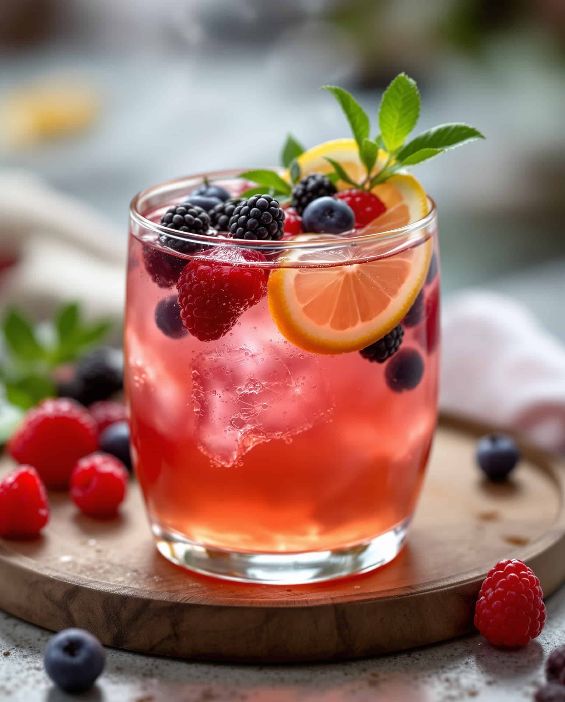 Close-up of ambre-doré ACV shrub mocktail with lemon