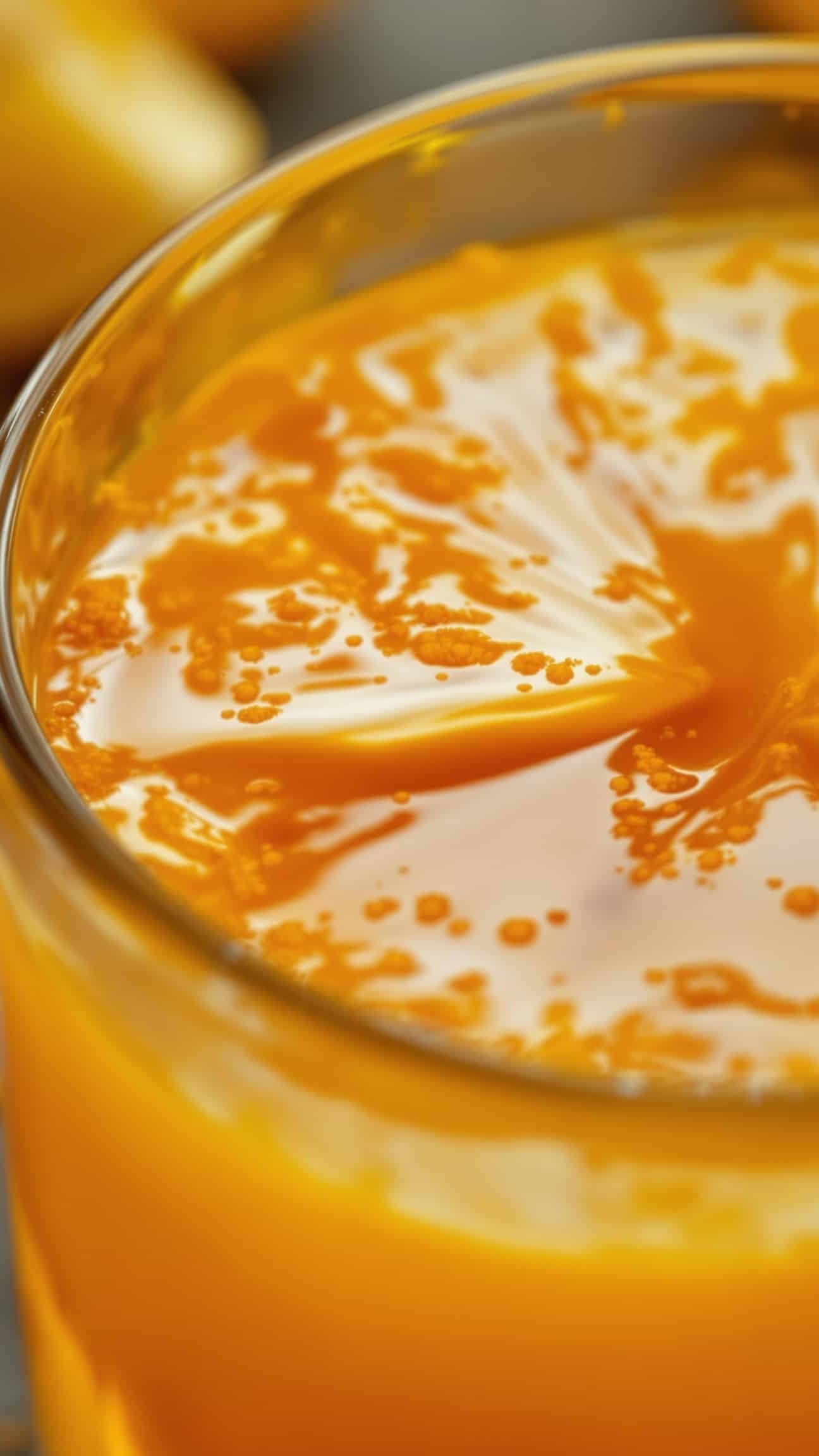 Close-up of vibrant orange-ambre ACV turmeric drink.