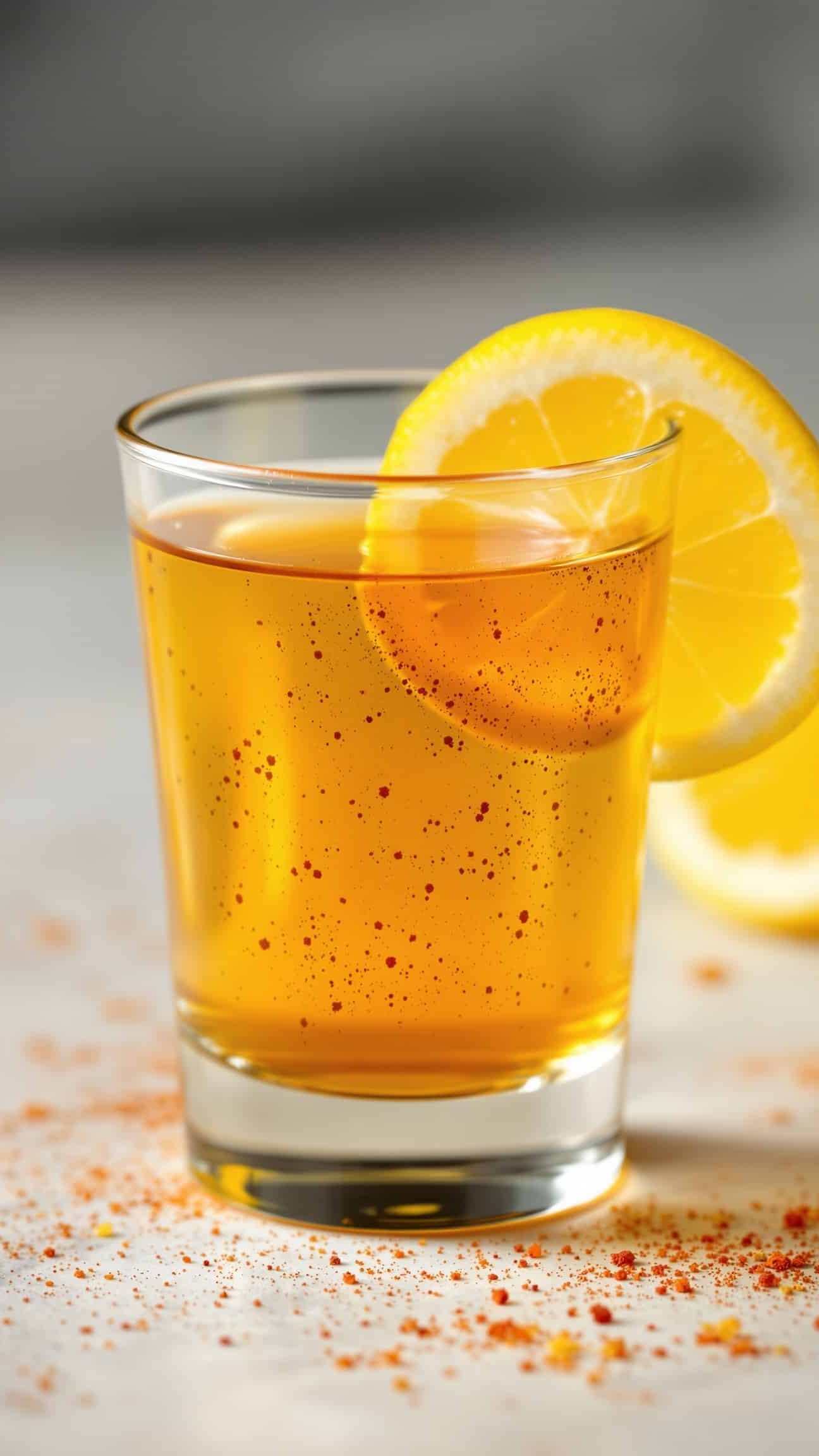 Close-up of ambre-doré ACV weight loss shot with cayenne pepper.