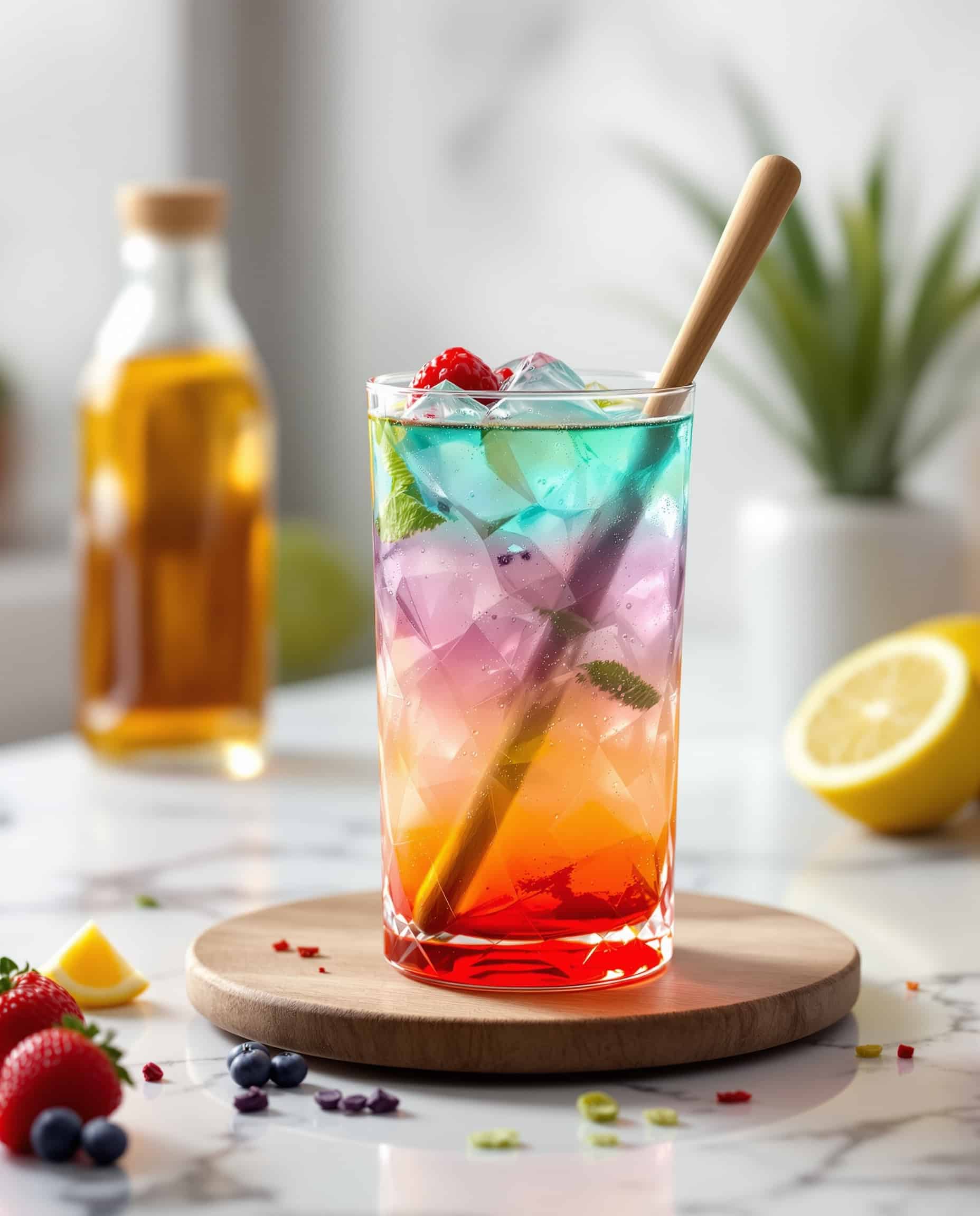 Close-up of multicolore adrenal cocktail with coconut water