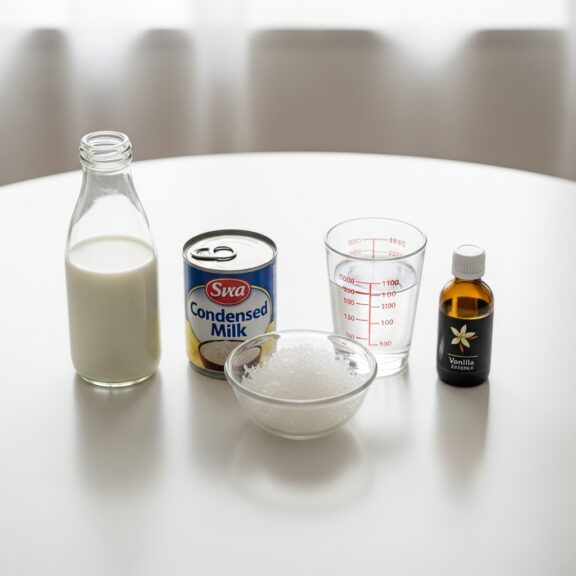 Ingredients of Agar Pudding Recipe Milk, condensed milk, sugar, water, and vanilla essence arranged on a white surface for making vanilla milk jelly.