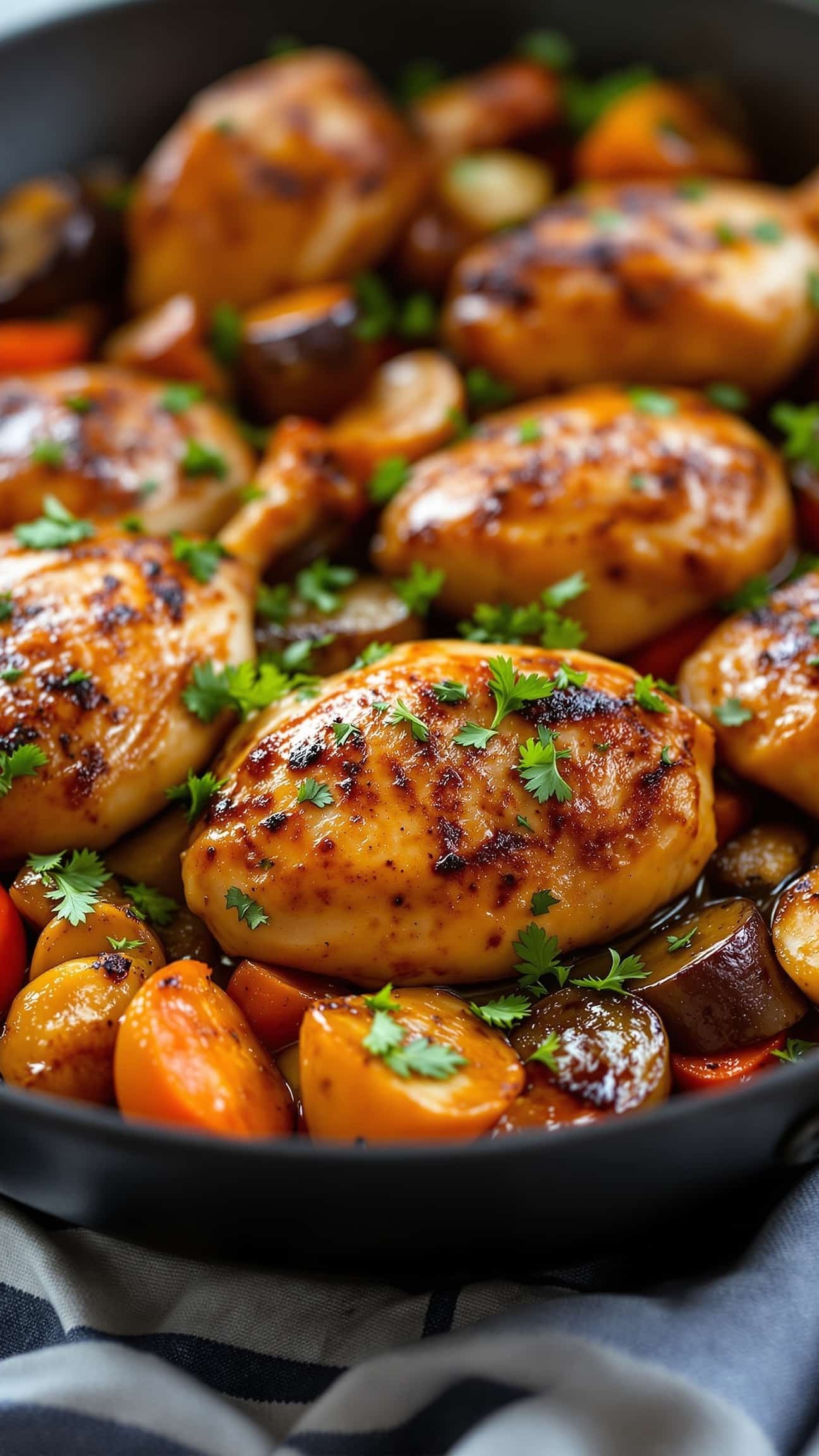 Close-up of brun doré anti-UPF dinner recipe, roasted chicken and vegetables.
