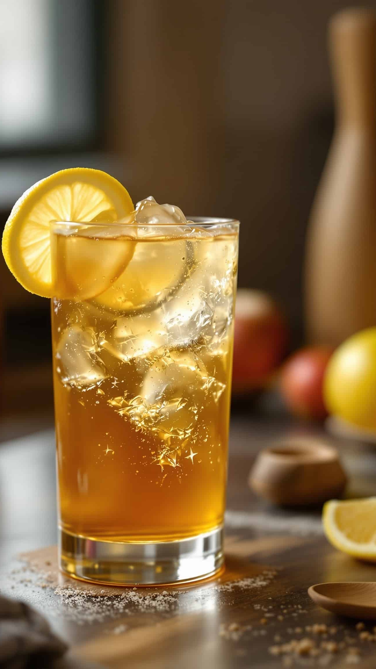 Close-up of ambre-doré apple cider drink recipe with lemon and wooden spoon.