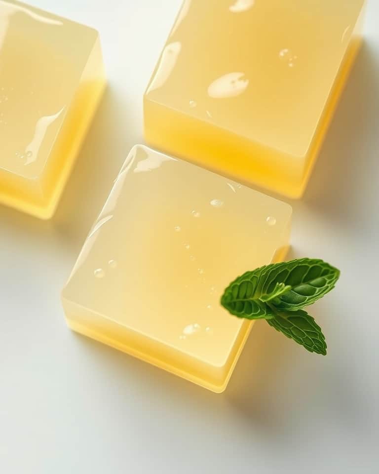 Close-up of translucent pale yellow apple cider vinegar jelly cubes.