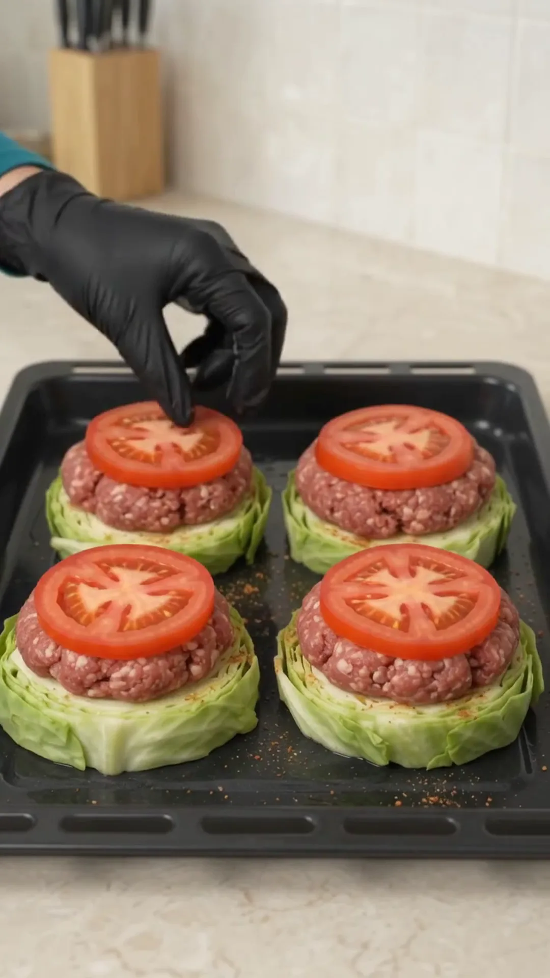 Baked Cabbage Steaks with Ground Beef, Tomato and Cheese – placing tomato slices on top of burgers