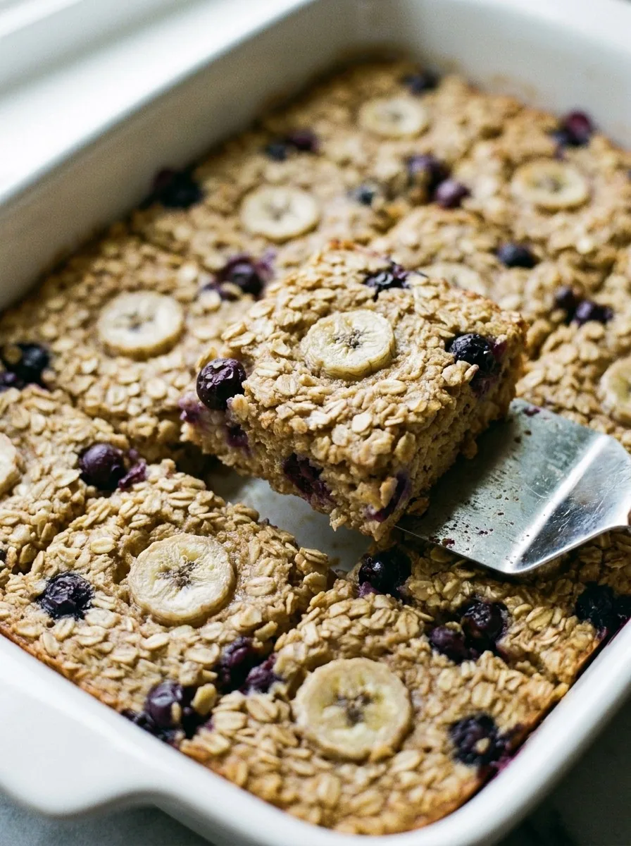 A ramekin of banana and blueberry baked oats on a wooden board with a spoon and a jug of milk