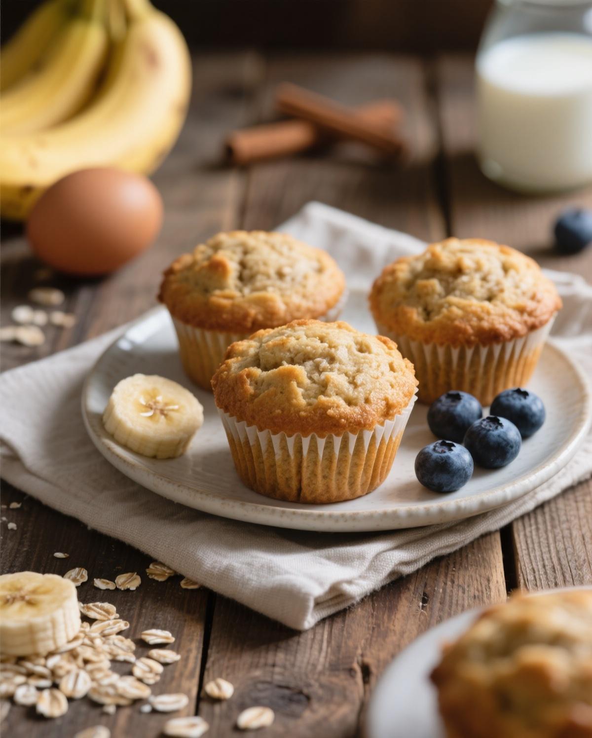 A batch of warm banana oatmeal muffins cooling on a wire rack