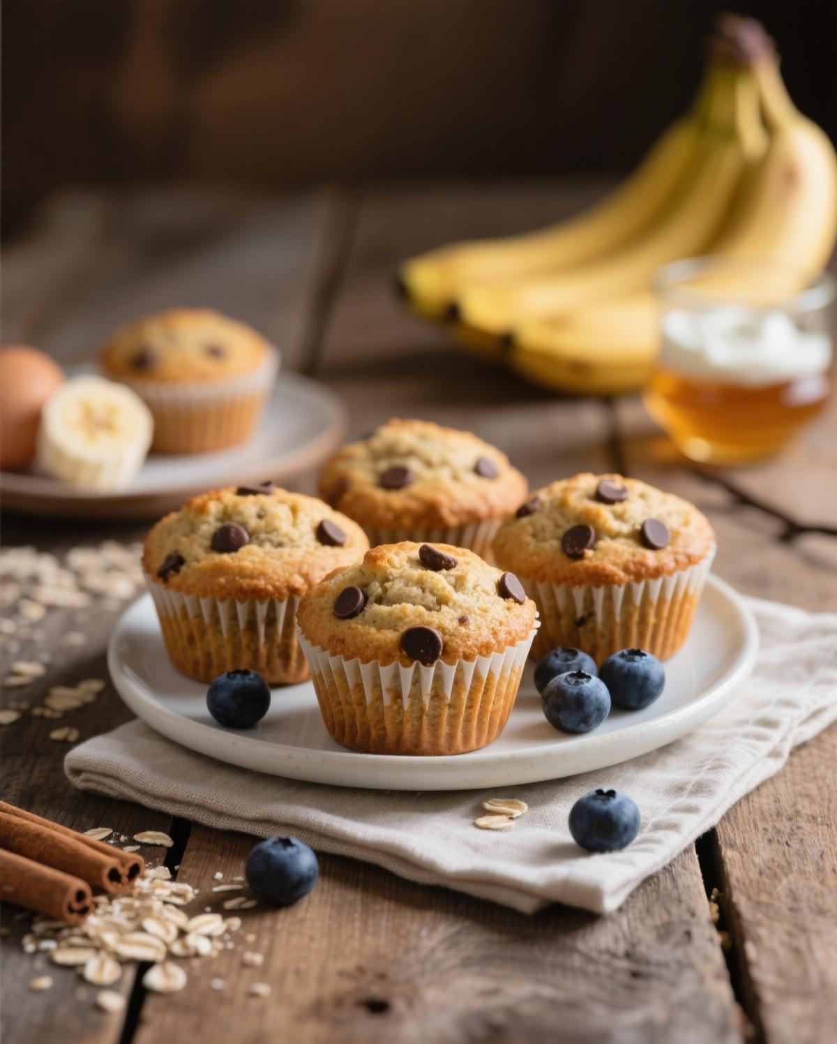 A close-up of a single moist banana protein muffin, broken open