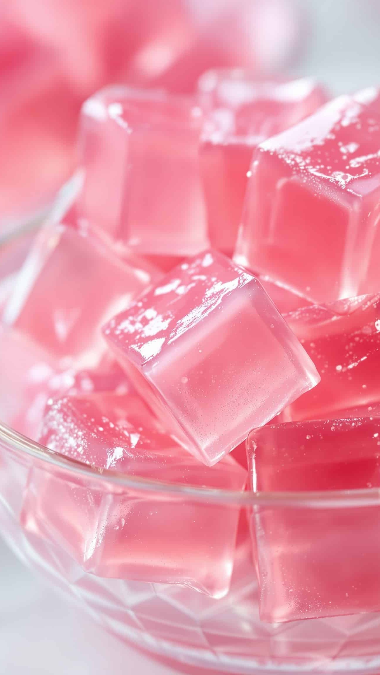 Close-up of rose transparent jiggly bariatric gelatin cubes.