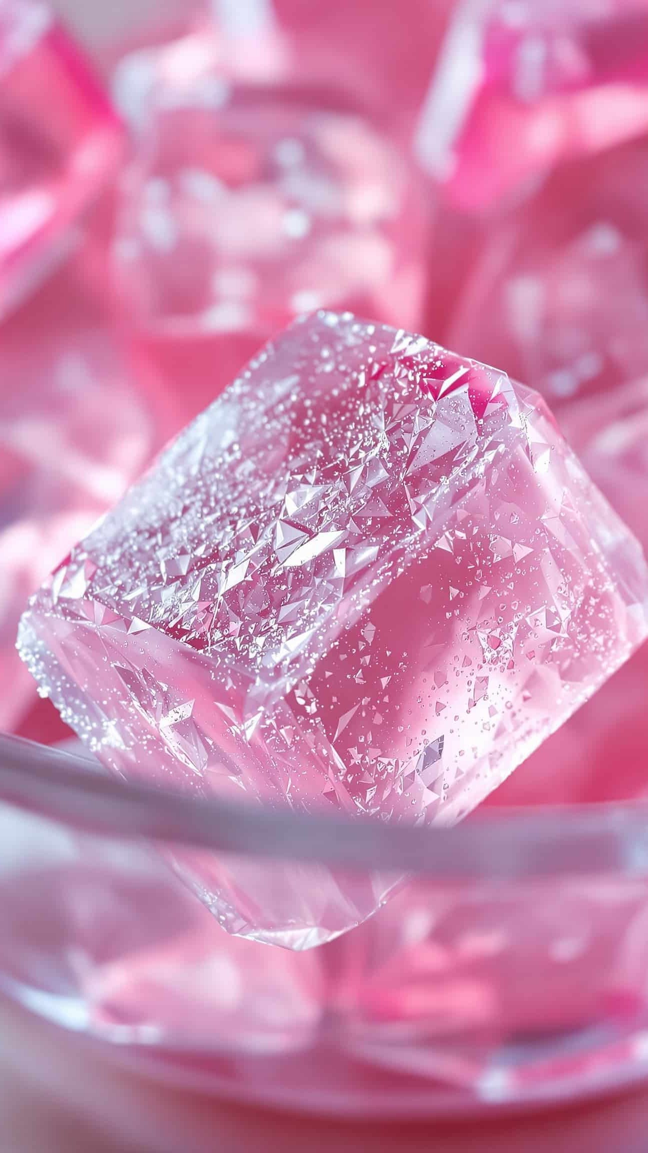 Close-up of rose transparent jiggly bariatric gelatin trick cubes.