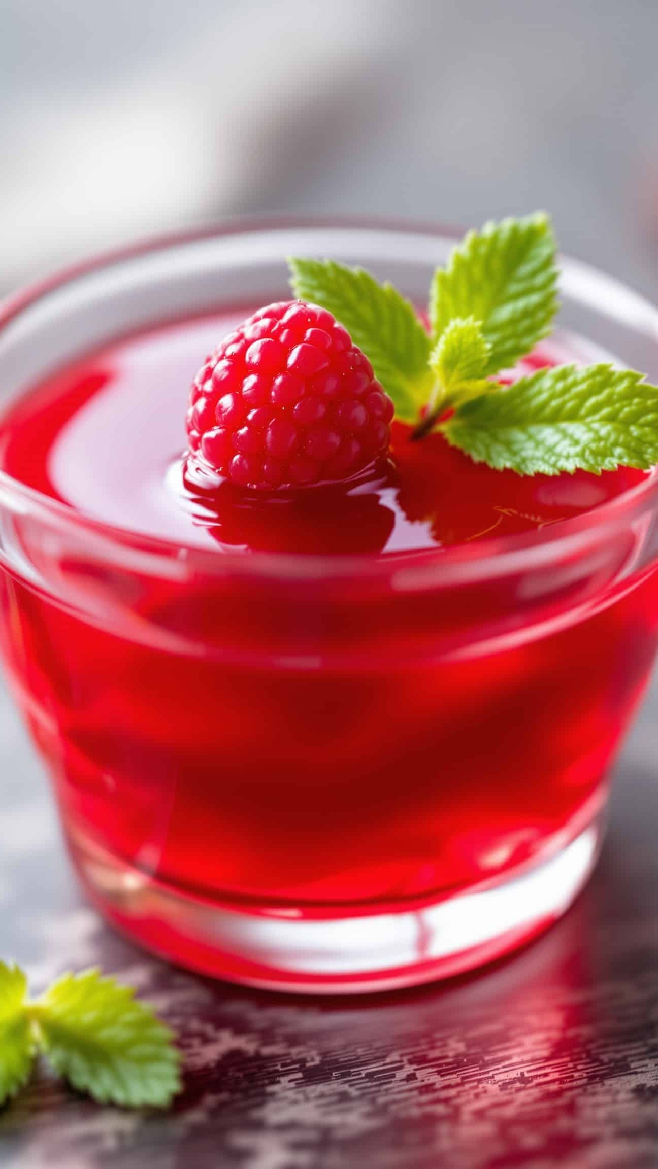 Close-up of bariatric high protein gelatin with raspberry.