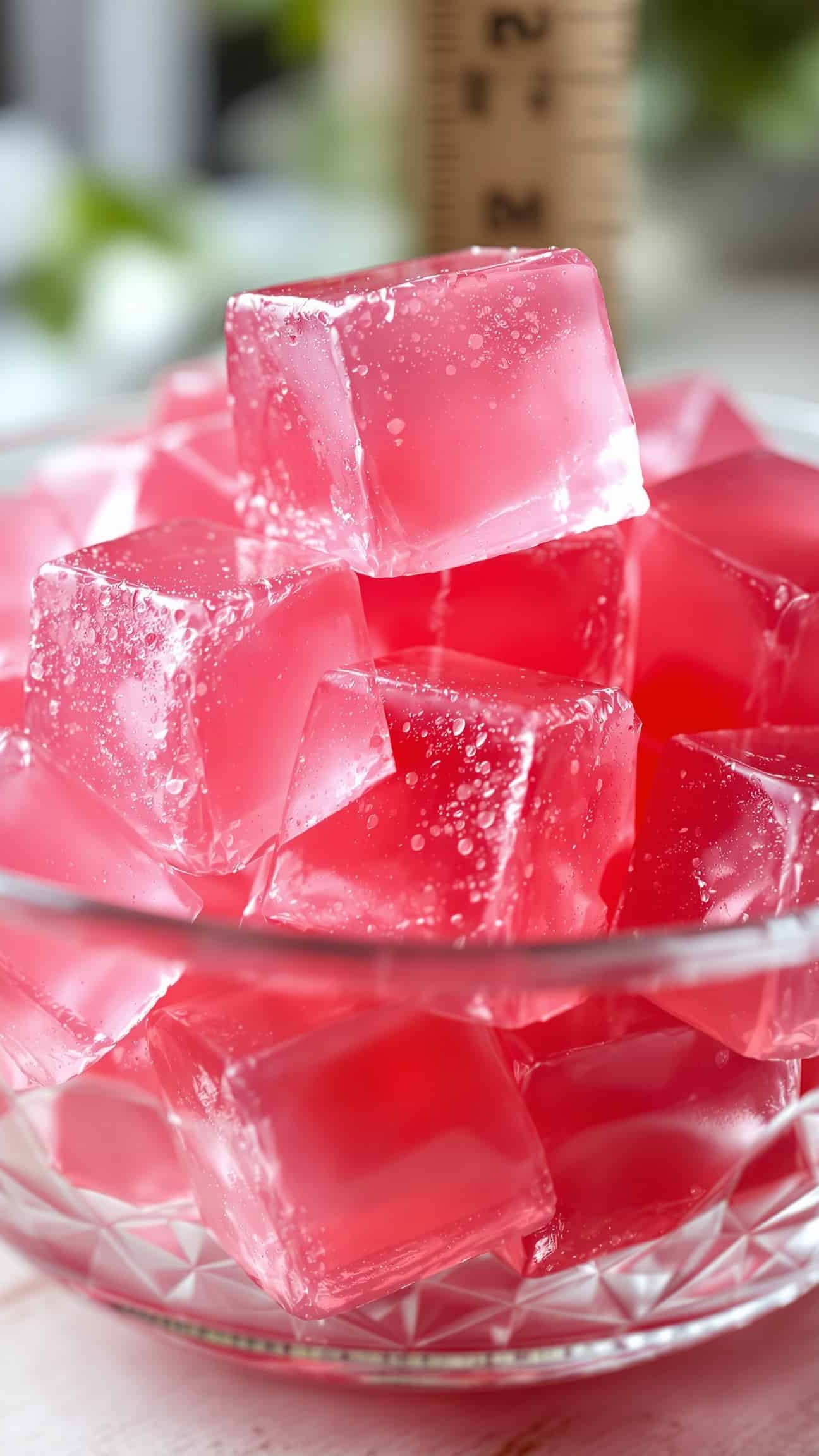 Close-up of rose transparent jiggly gelatin cubes for weight loss.