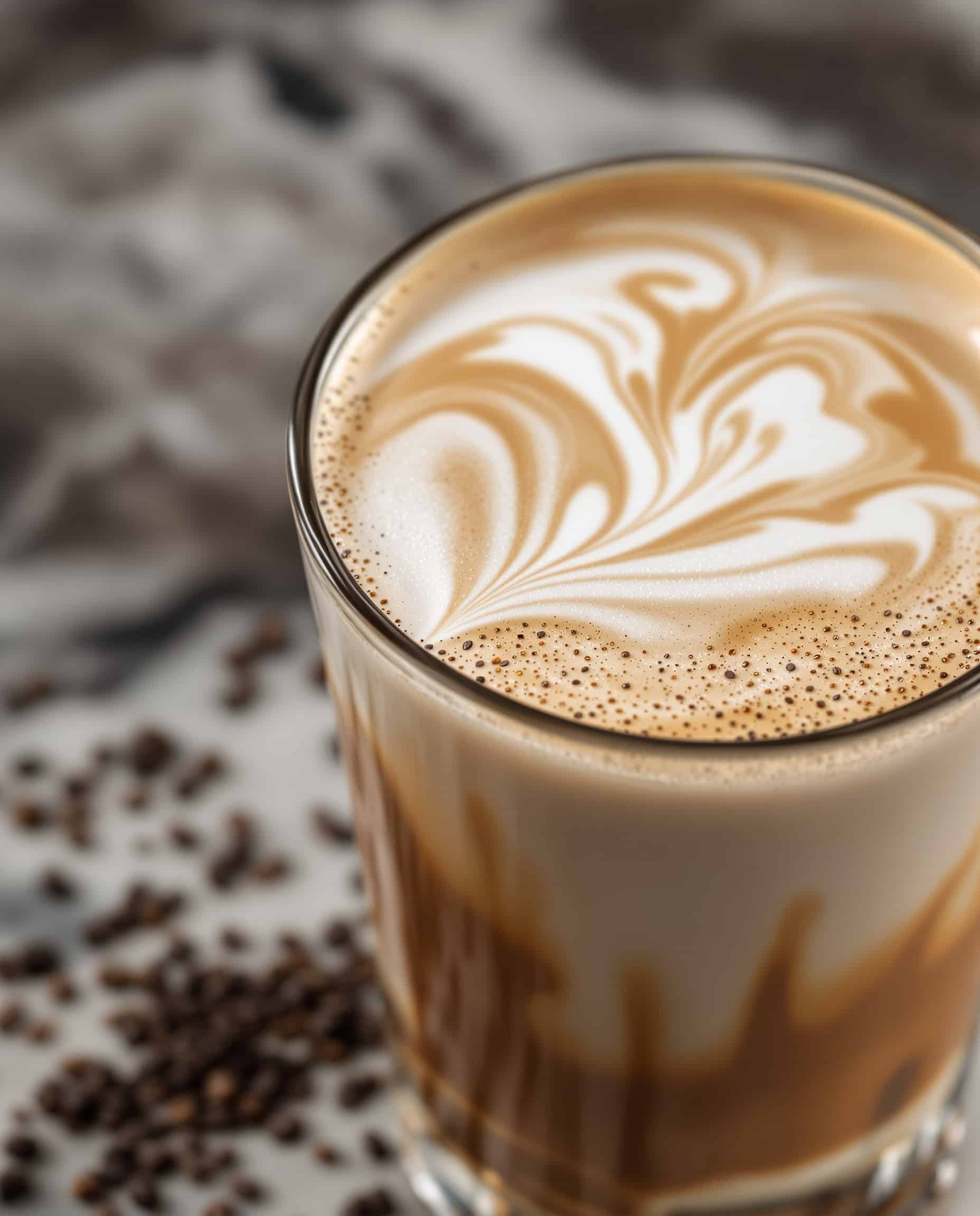 Close-up of a creamy verre black sesame detox latte.
