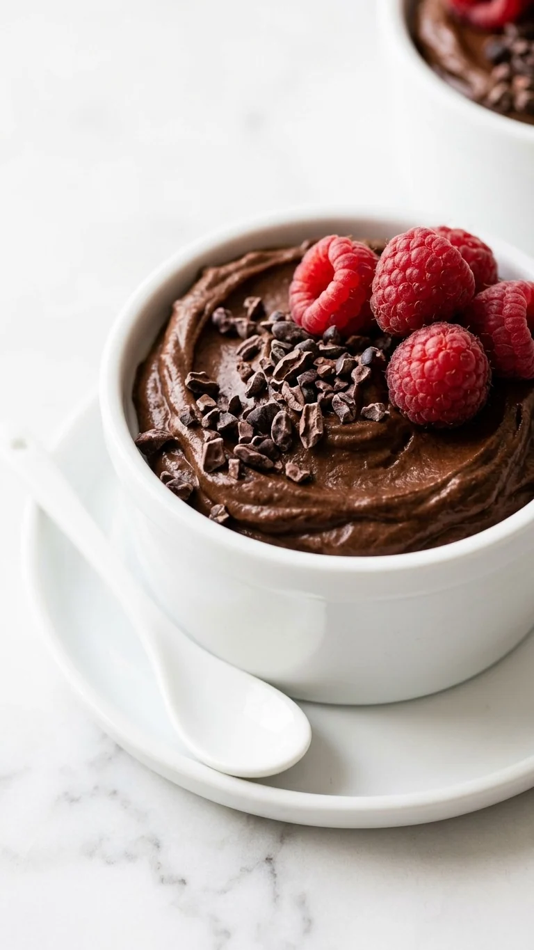 Close-up of creamy brun dark chocolate avocado mousse, a blood sugar friendly dessert.