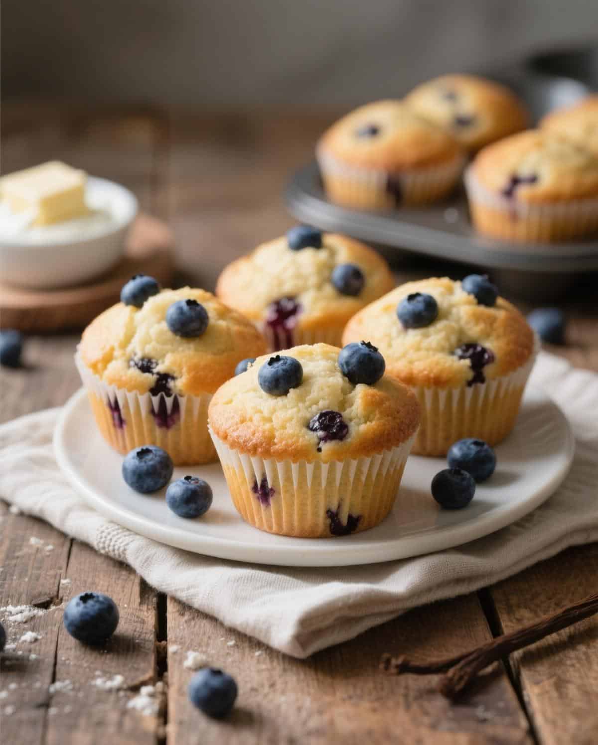 Finished Baked Blueberry Muffins Freshly baked blueberry sour cream muffins fresh from the oven
