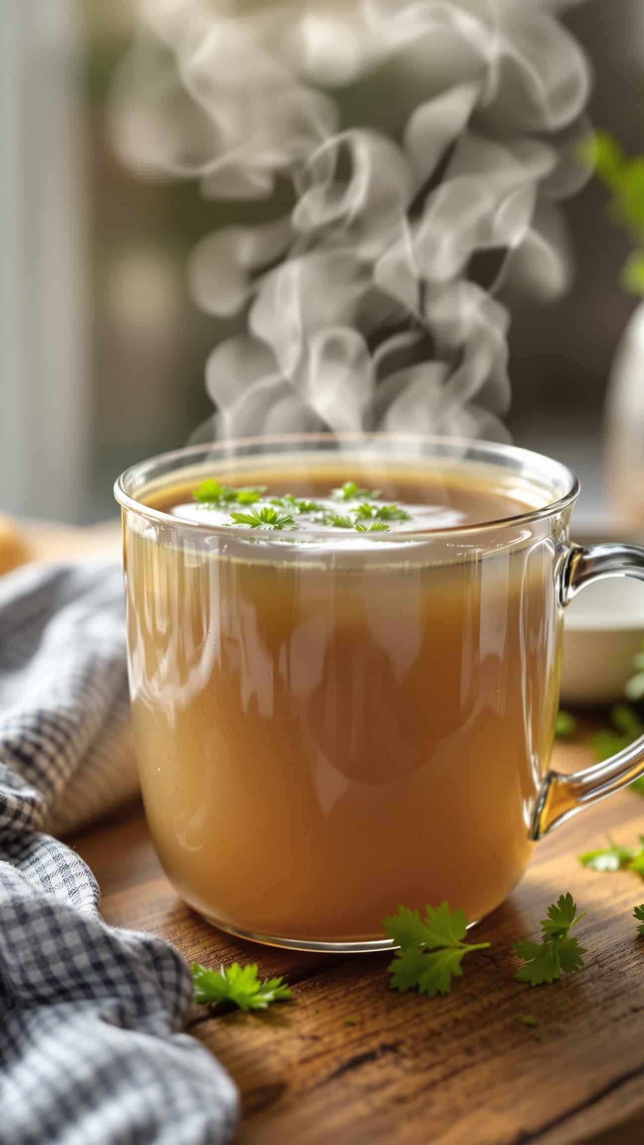 Close-up of ambre-doré bone broth collagen, garnished with fresh herbs.
