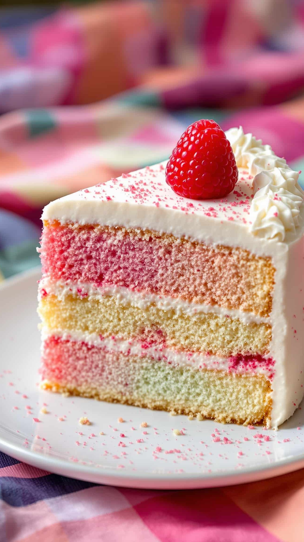 Close-up of a multicolore cake picnic recipe slice with raspberry.
