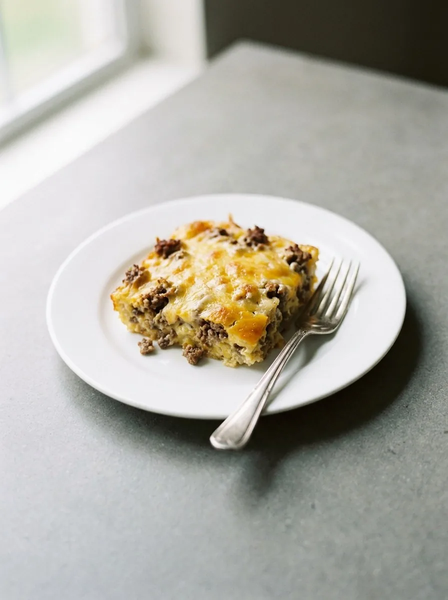A portion of cheeseburger casserole lifted from the dish, showing macaroni in beef sauce under stretchy cheddar