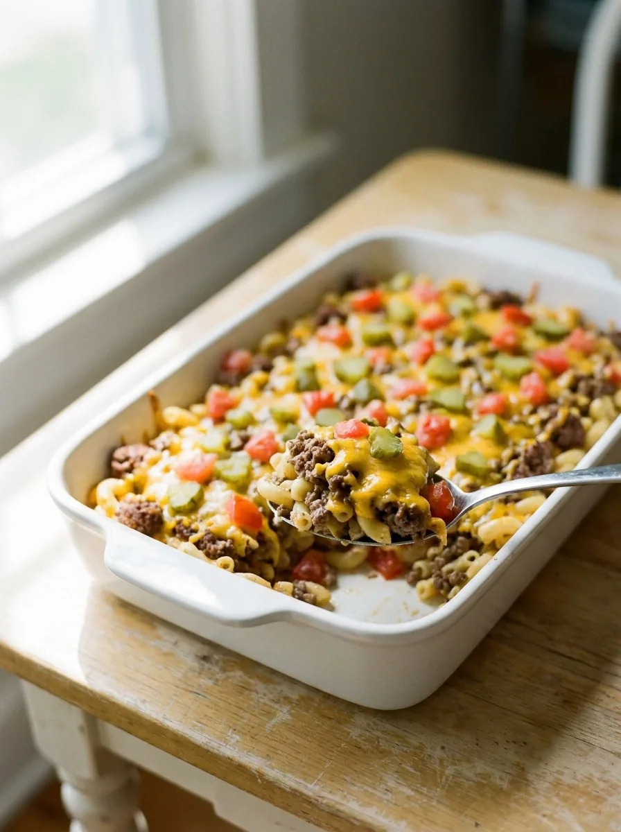 Baked cheeseburger casserole topped with melted cheddar, sliced pickles and diced fresh tomato in a white dish
