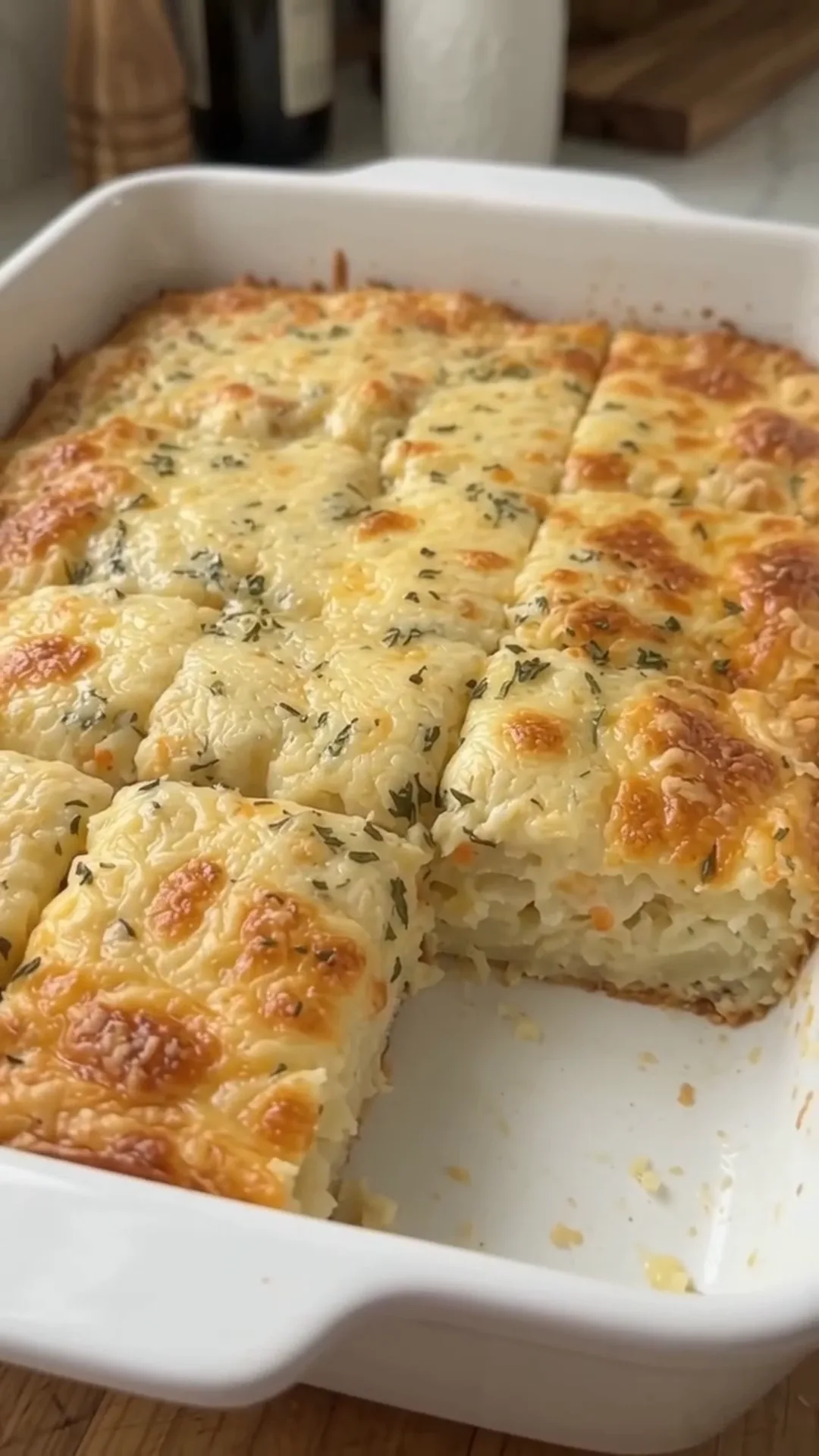 Cheesy Cauliflower Beef Stacks with Mozzarella and Parmesan – A square dish of cheesy baked food is being cut into portions