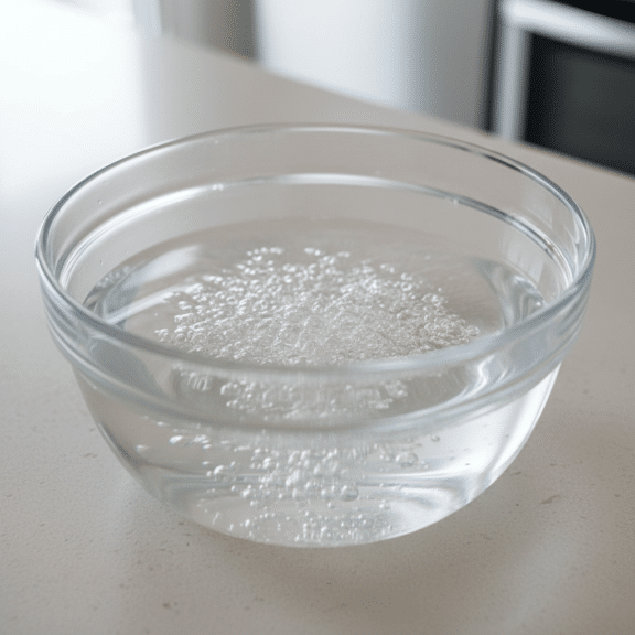 Gelatin blooming in cold water showing hydrated gelatin granules in glass bowl