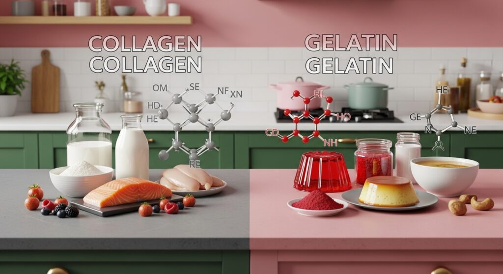 Collagen Vs Gelatin Cooking Close-Up Gelatin Collagen Vs Gelatin comparison showing collagen rich foods and gelatin based desserts