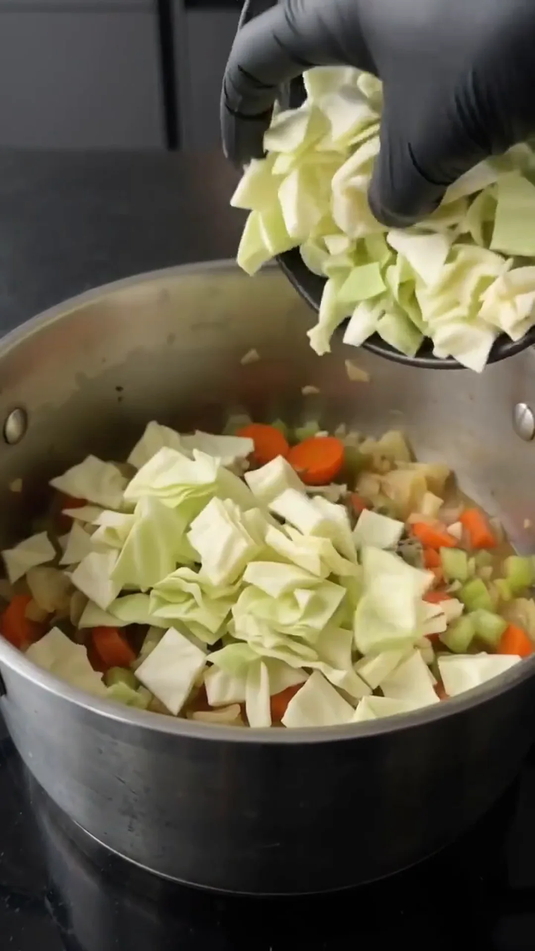 Comforting Homemade Cabbage Soup with Fresh Vegetables – Adding chopped vegetables to a pot