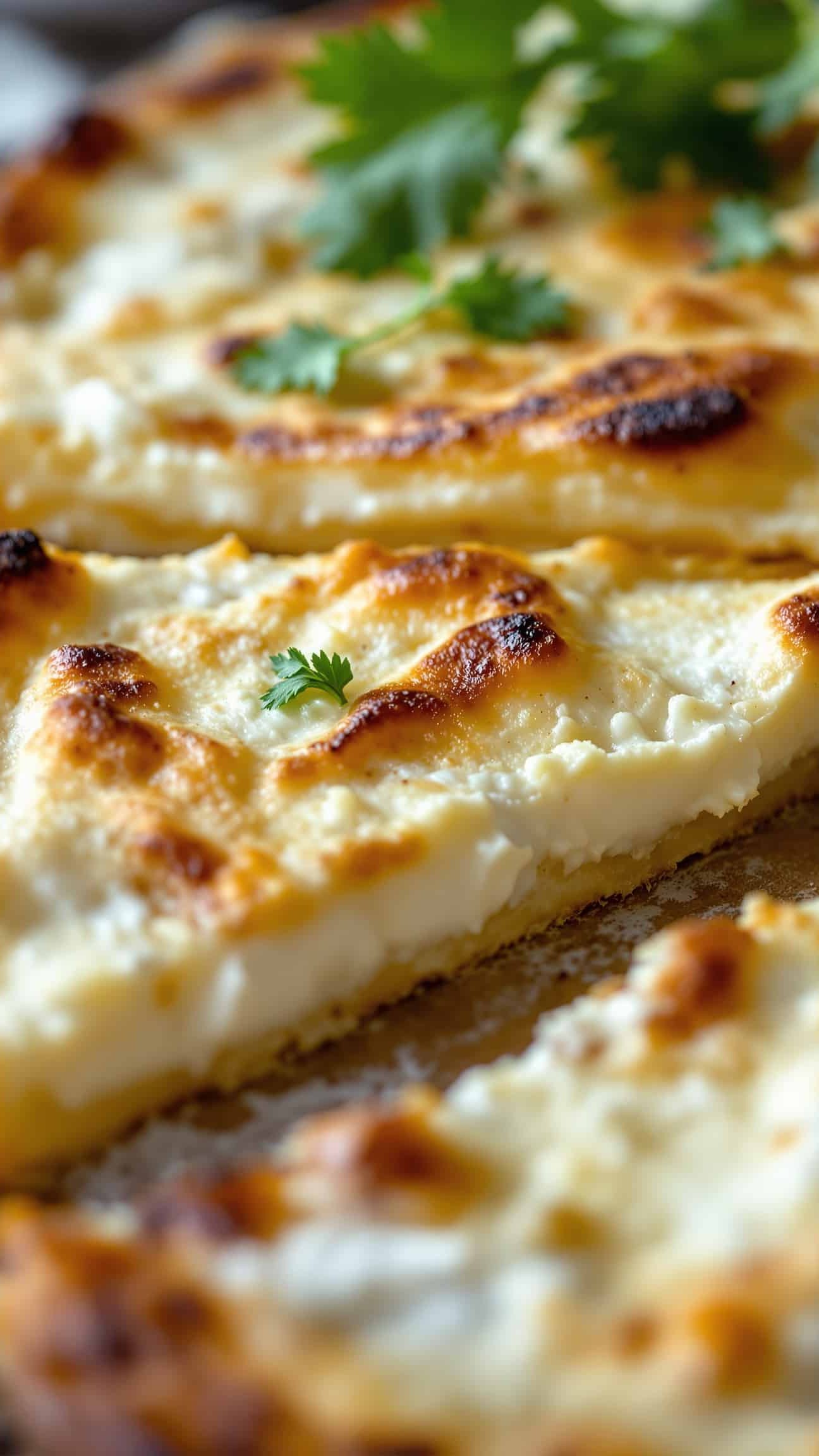 Close-up of doré cottage cheese flatbread with crispy edges on a rustic plate.