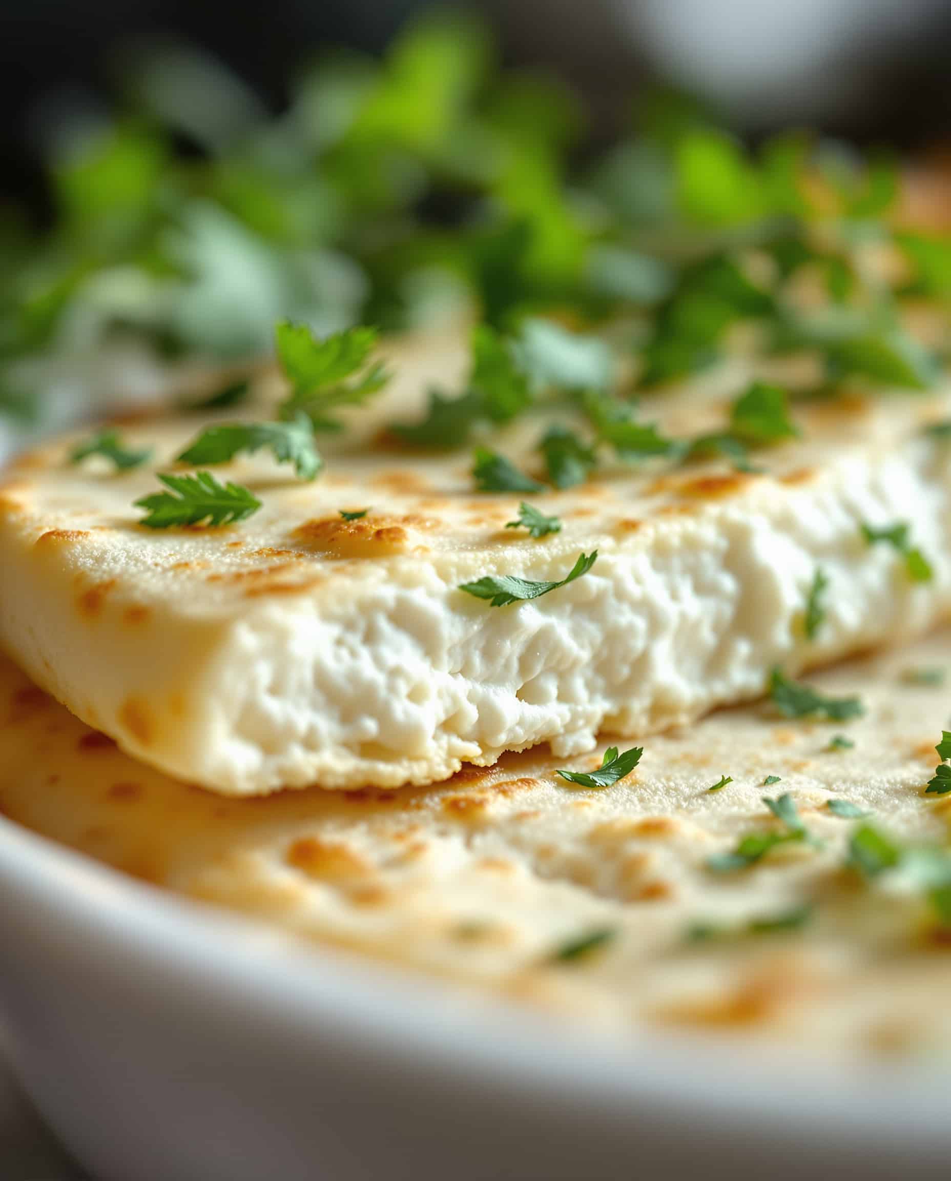 Close-up of a blanc crème white cottage cheese flatbread showing crispy edges.