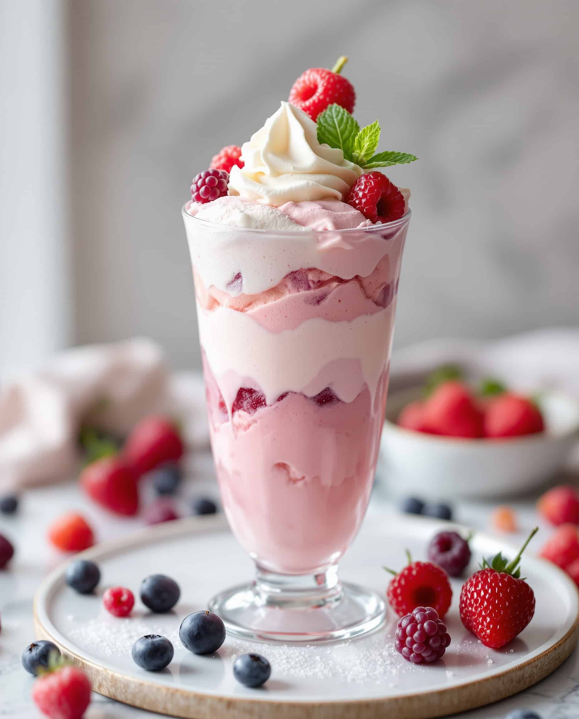 Close-up of pink cottage cheese ice cream viral with berries.