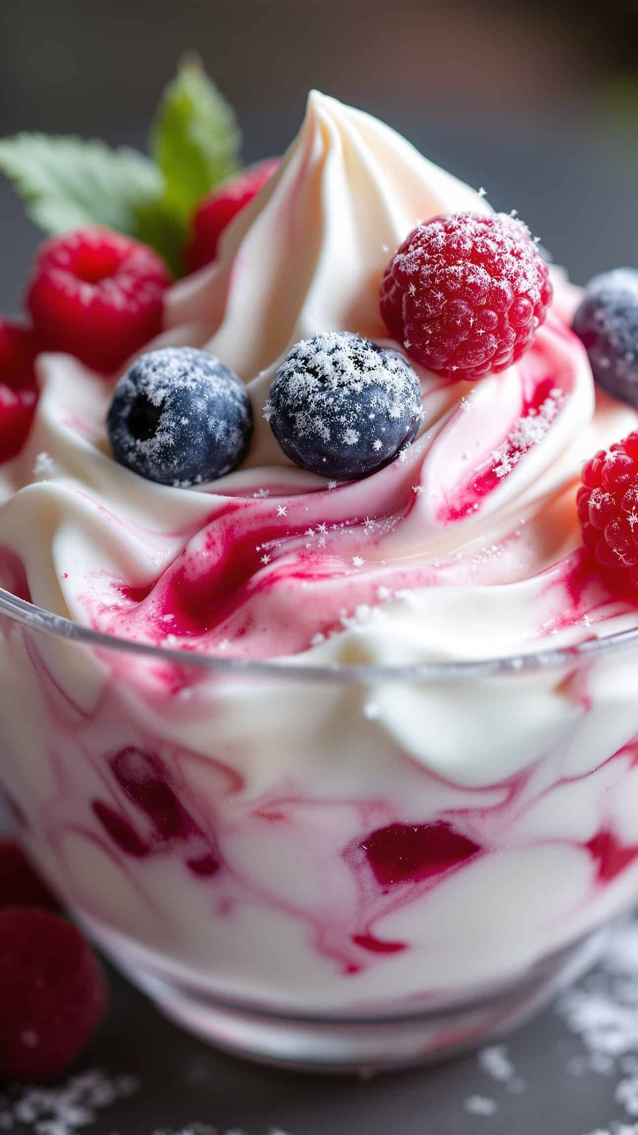 Close-up of blanc crème cottage cheese protein ice cream with berry swirl.
