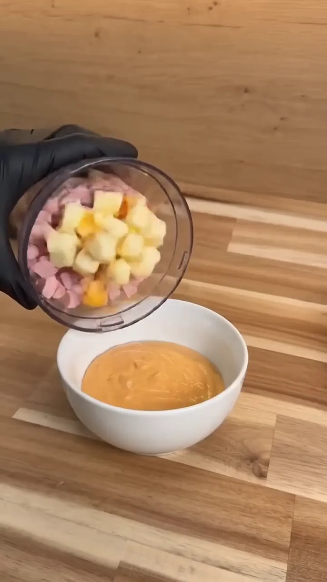 Creamy Mexican Party Sandwiches with Smoked Turkey – Pouring ingredients into a bowl
