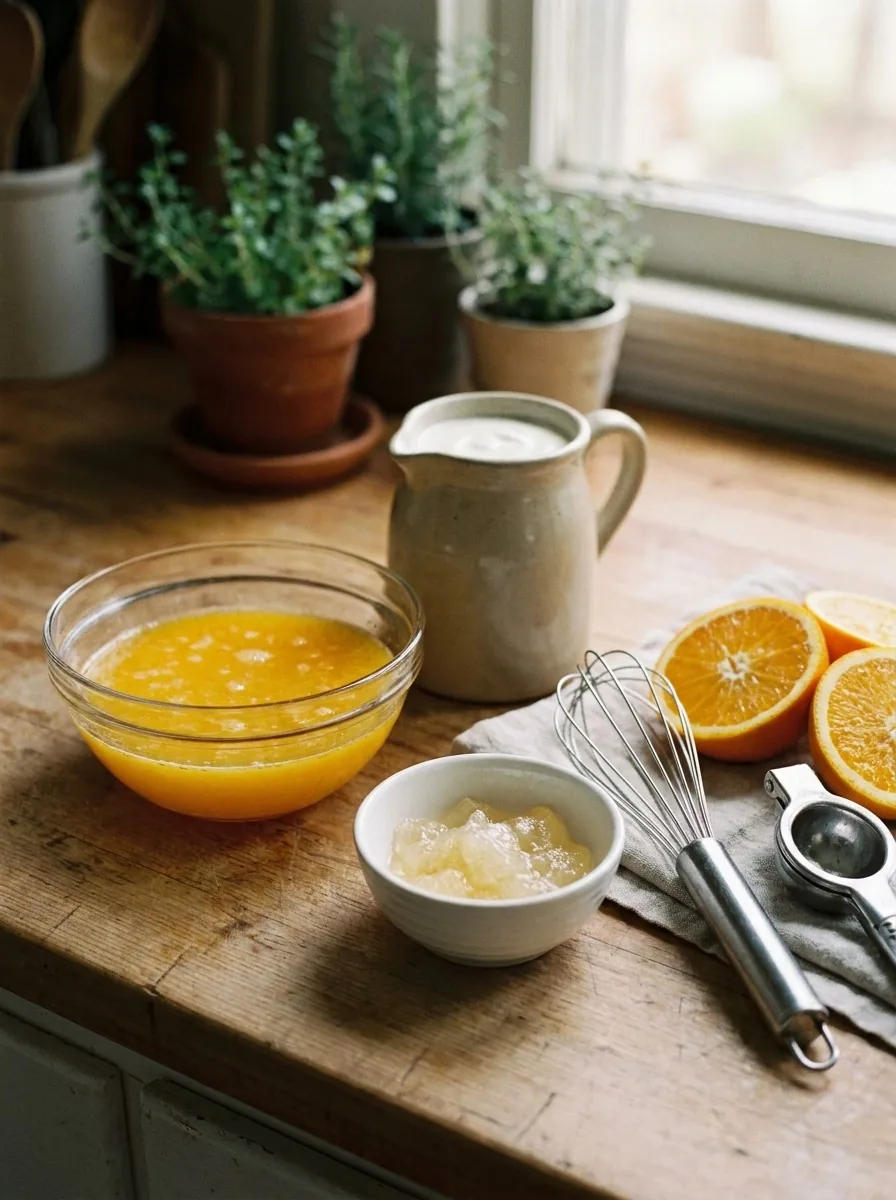 Fresh orange juice, bloomed gelatin and plain yogurt on a wooden counter before mixing