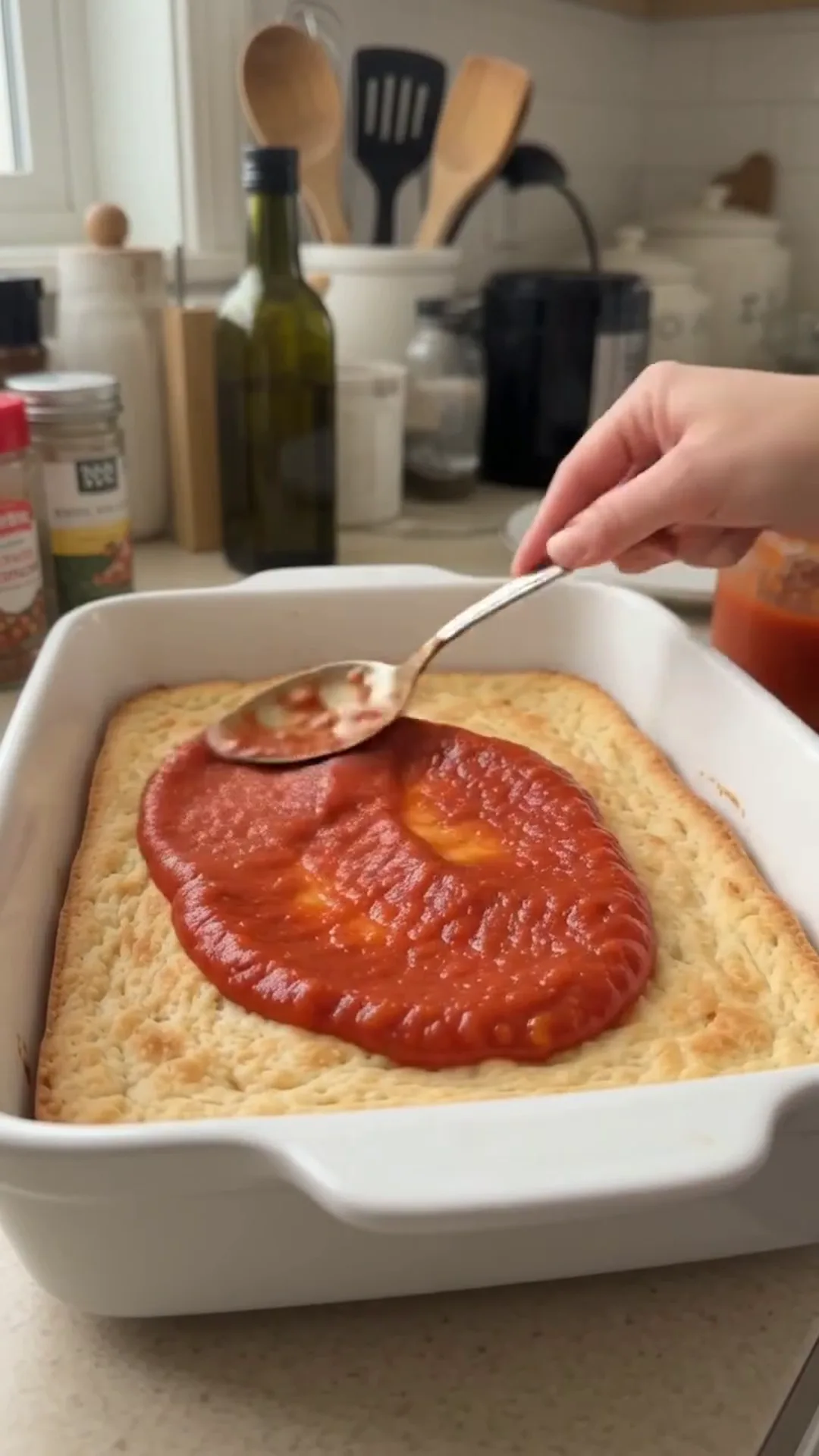 Crispy 3-Ingredient Cottage Cheese Pizza Crust – spooning tomato sauce onto a baking tray
