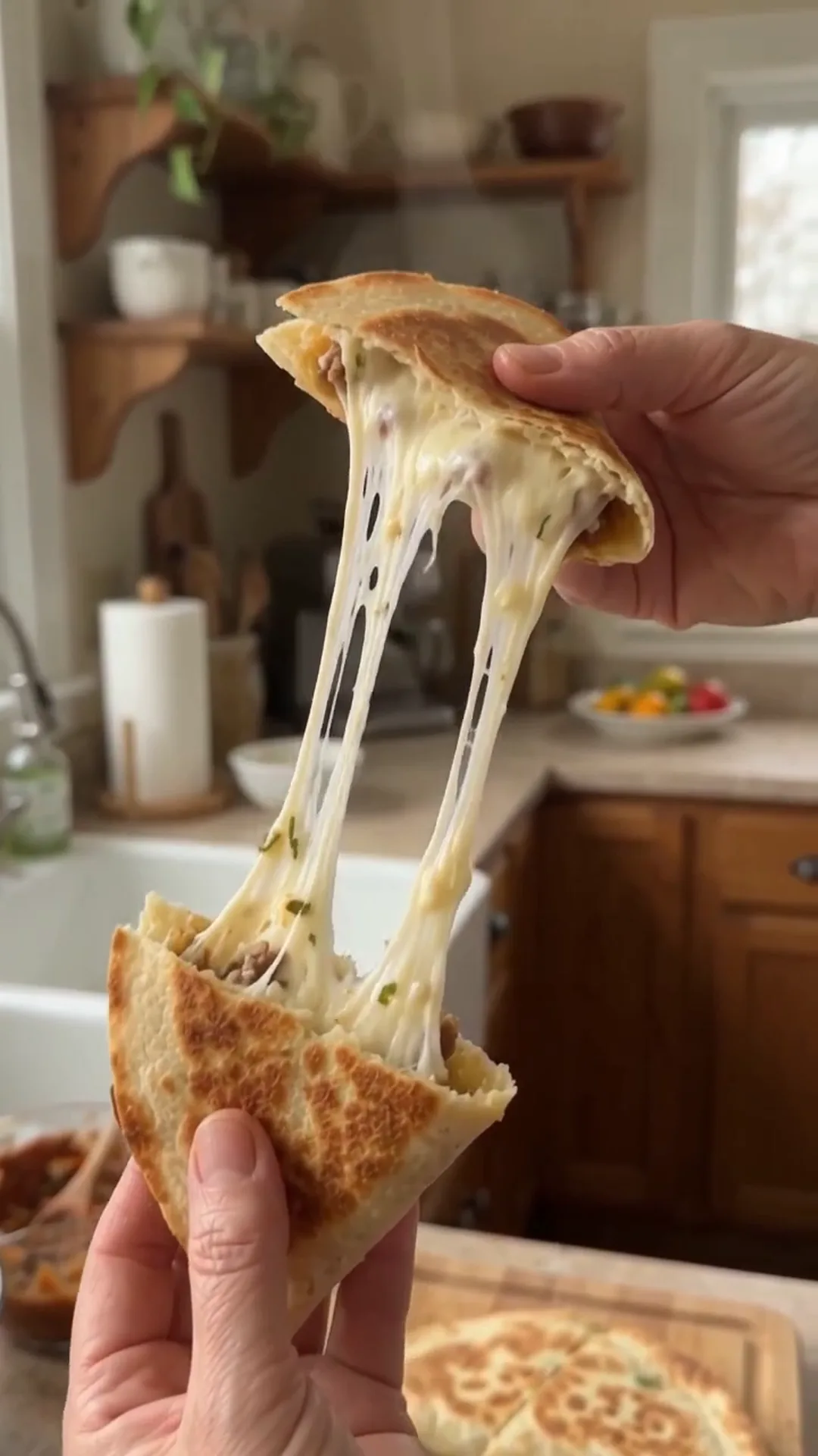 Crispy Cheesy Beef Tortilla Pockets Recipe – stretching a quesadilla to show melted cheese inside