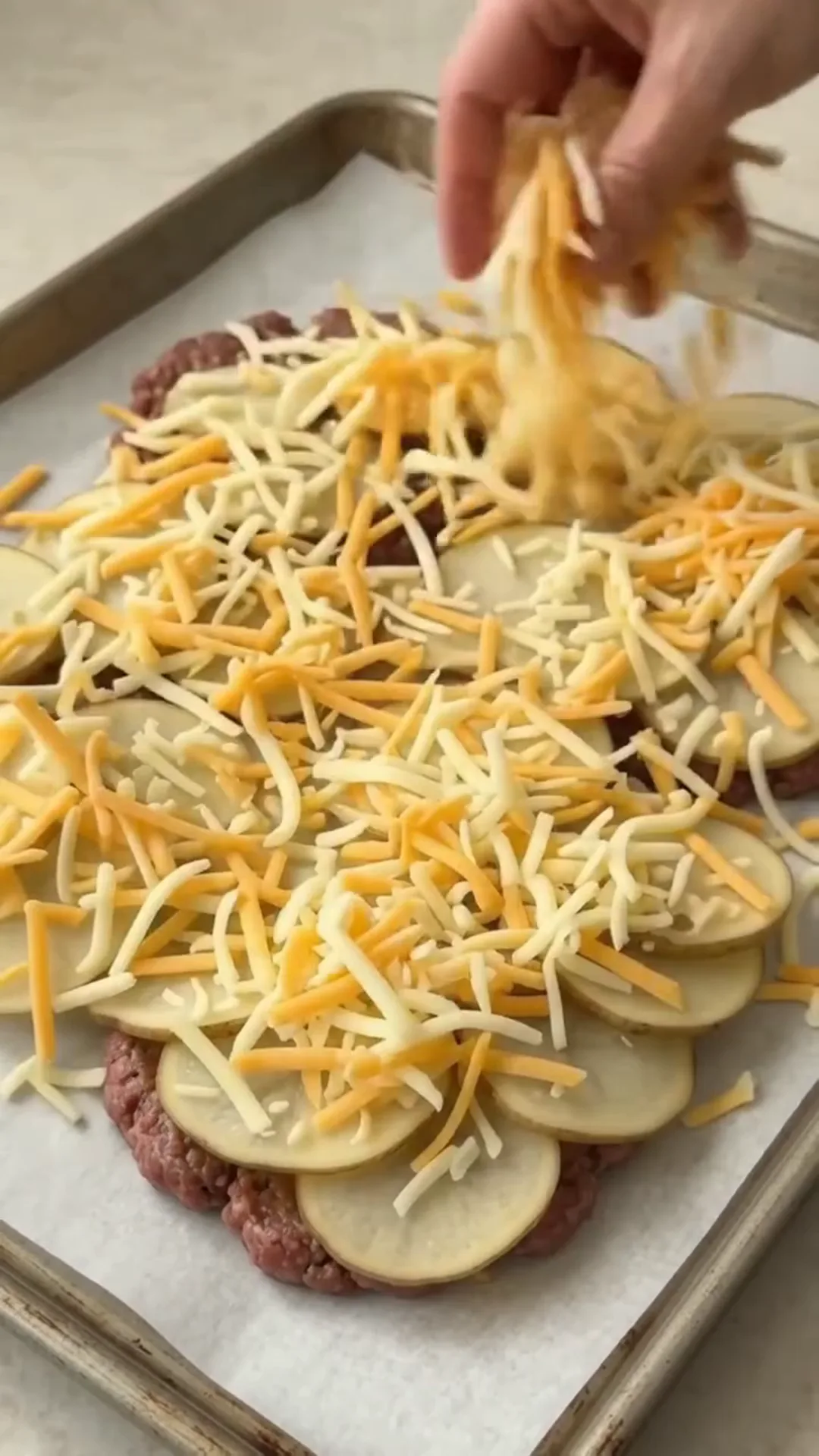 Crispy Potato Cheese Beef Tacos with Easy Sauce – adding cheese to a raw meat and potato dish
