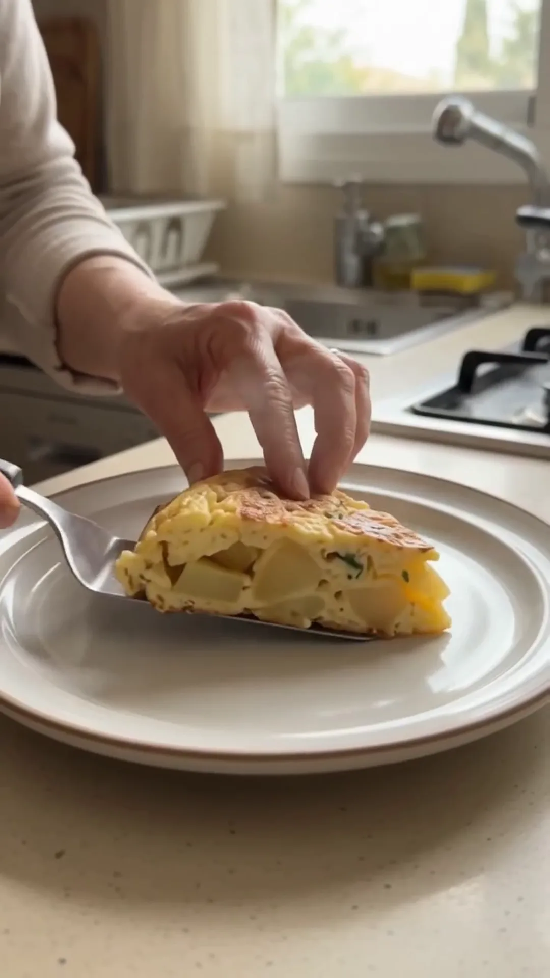 Crispy Potato Crust and Egg Breakfast Skillet Pizza – A person is serving a slice of omelette or frittata