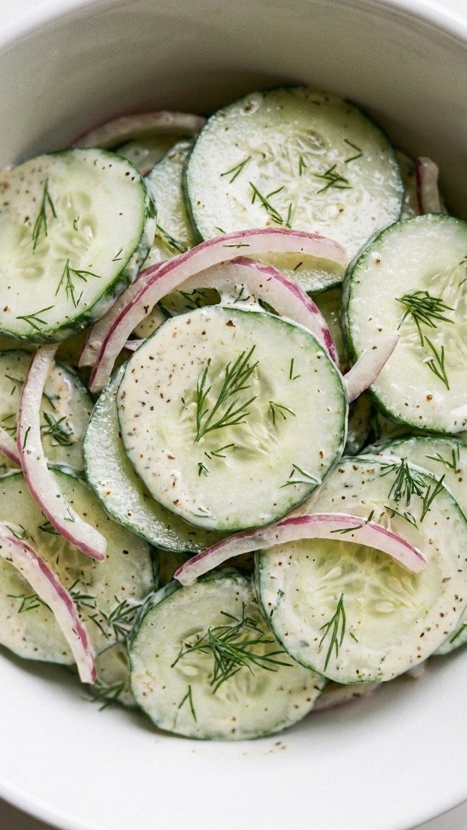 Creamy Cucumber Salad with Dill and Red Onion