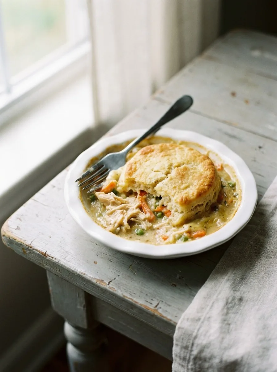 A single serving of chicken dumpling bake on a white plate with a fork