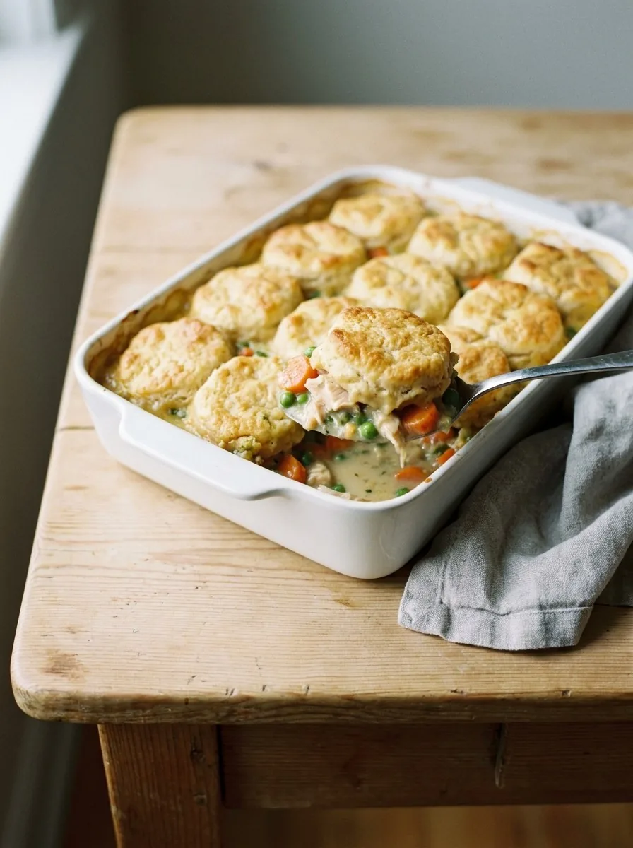 A white baking dish of chicken dumpling bake with golden biscuit topping and a serving spoon lifting a portion