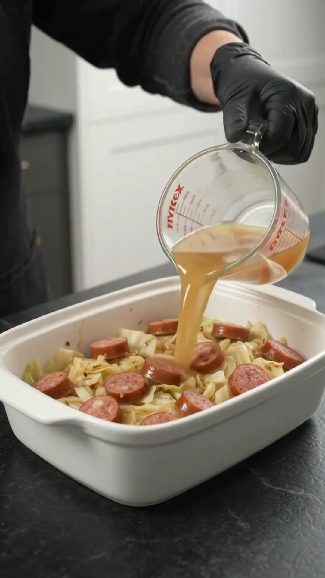 Easy Baked Cabbage and Smoked Beef Sausage Recipe – Pouring liquid into a dish with sausage and cabbage