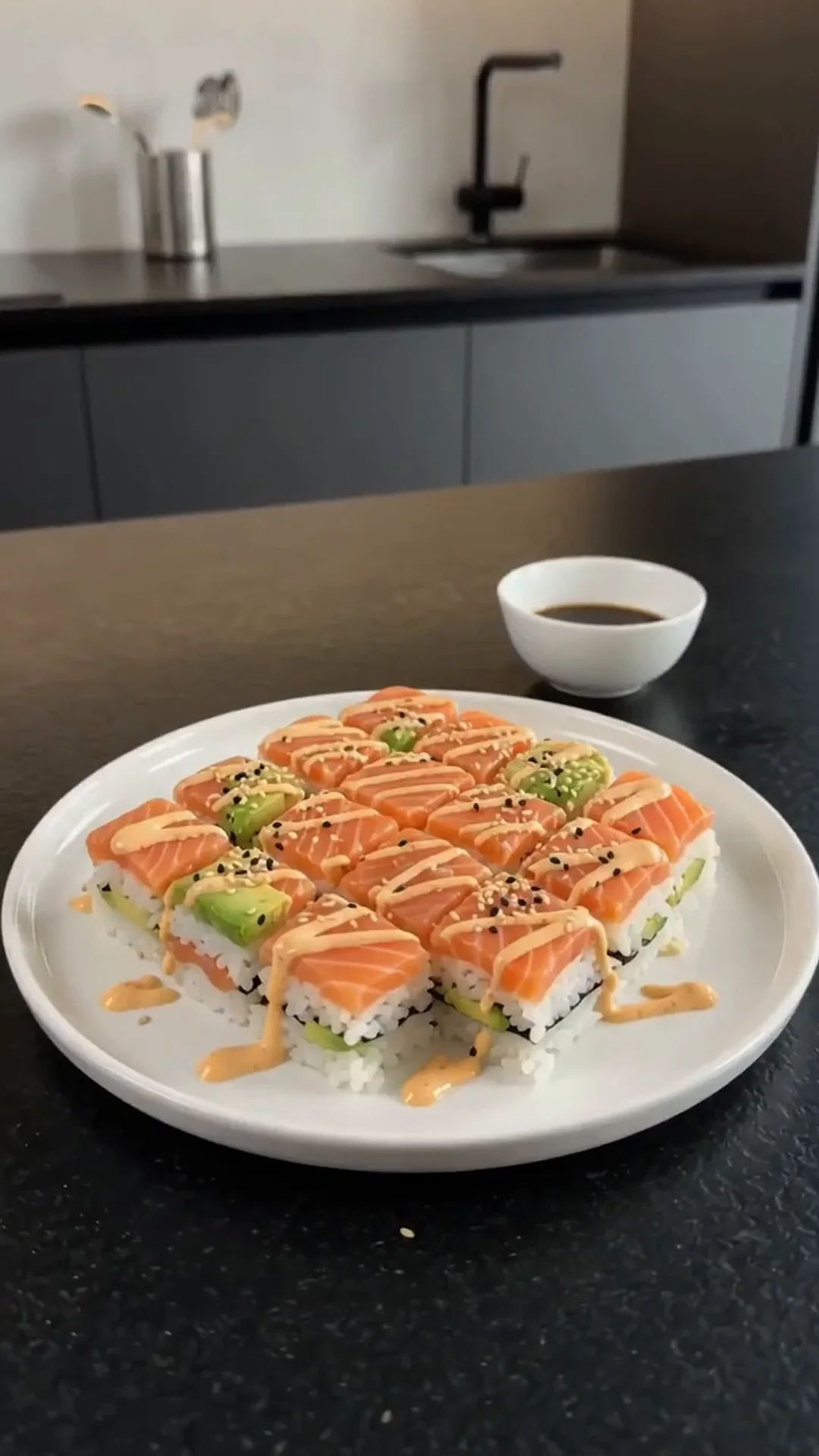 Easy Salmon Avocado Sushi Squares with Spicy Mayo