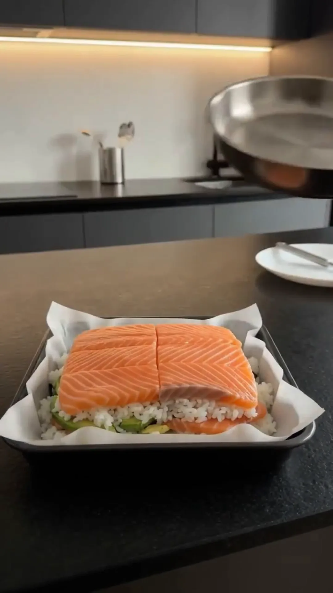 Easy Salmon Avocado Sushi Squares with Spicy Mayo – preparing salmon and rice in the oven
